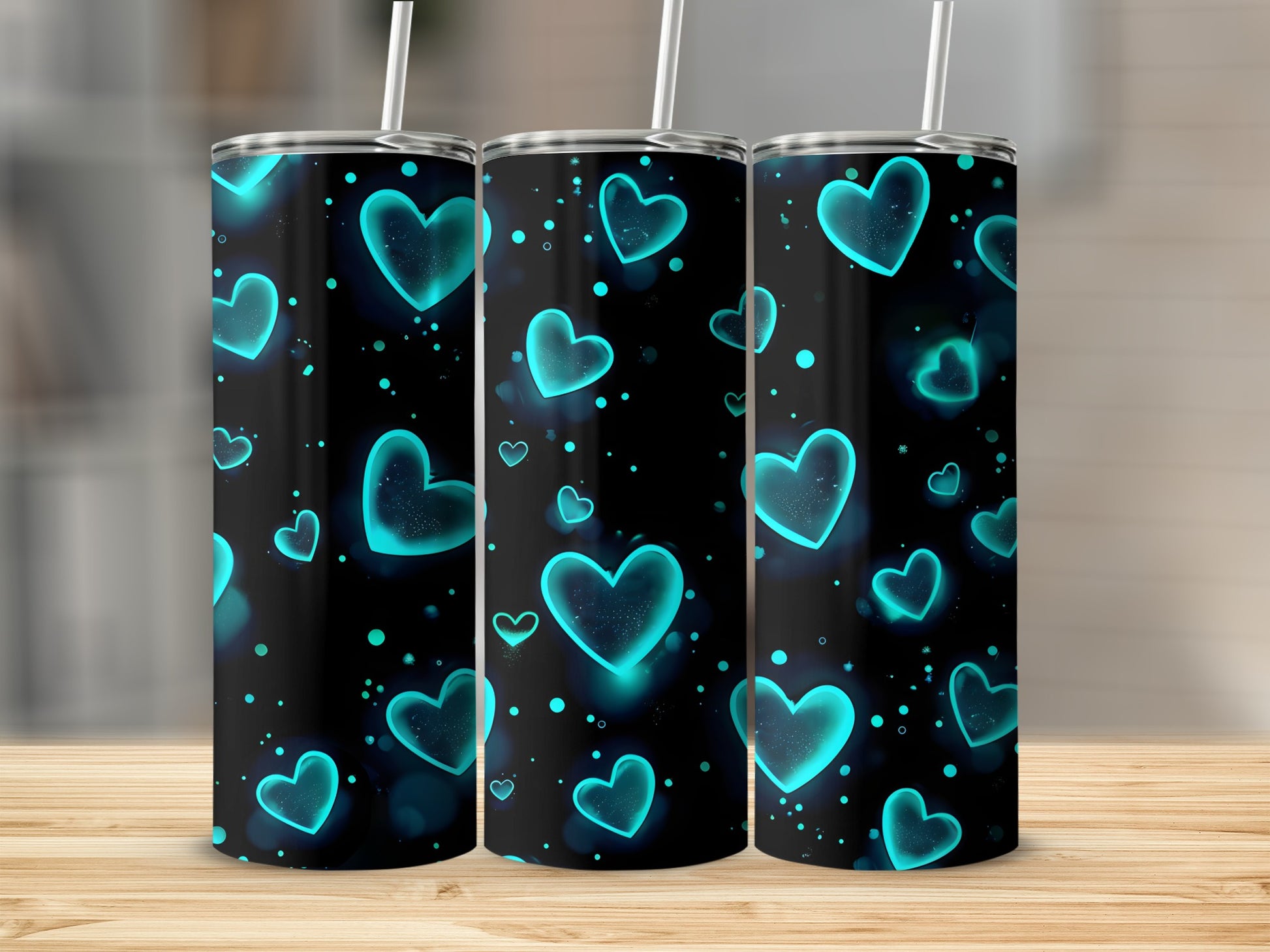 Glowing Teal Hearts Black Background Tumbler product type