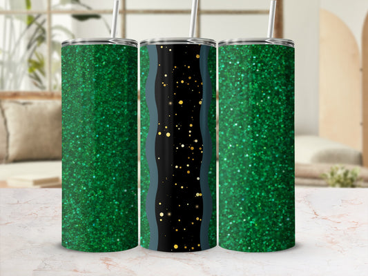 Three green glitter tumblers with a wavy black and gold pattern in the center.
