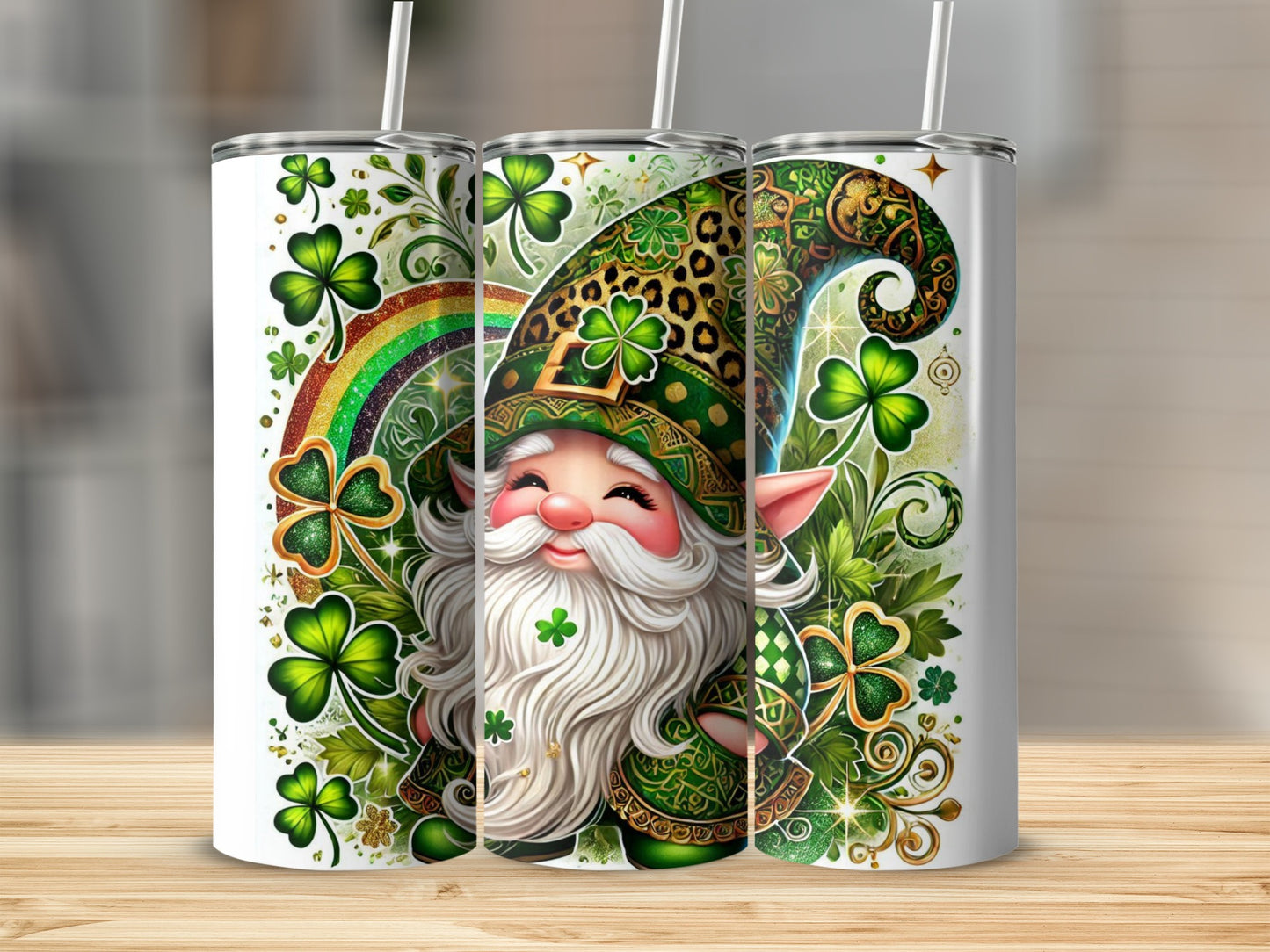 St. Patrick's Day gnome with shamrocks and rainbow on a tumbler.