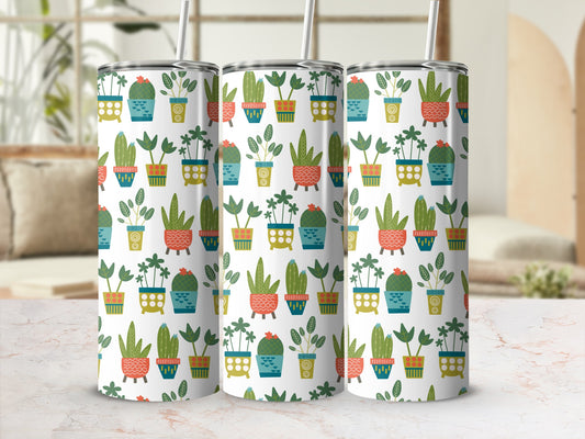 Three tumblers with a repeating pattern of potted cacti and plants.