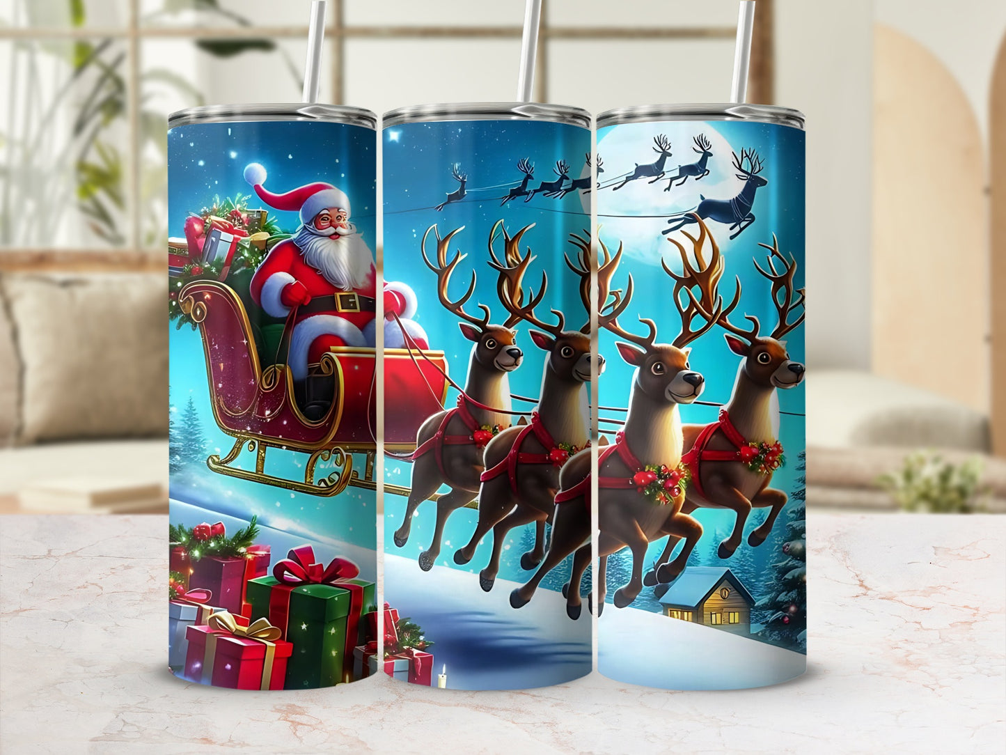 Santa Claus and Reindeer Scene Tumbler Cup