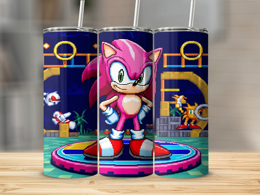 Pink Sonic the Hedgehog character on a pixelated game level.