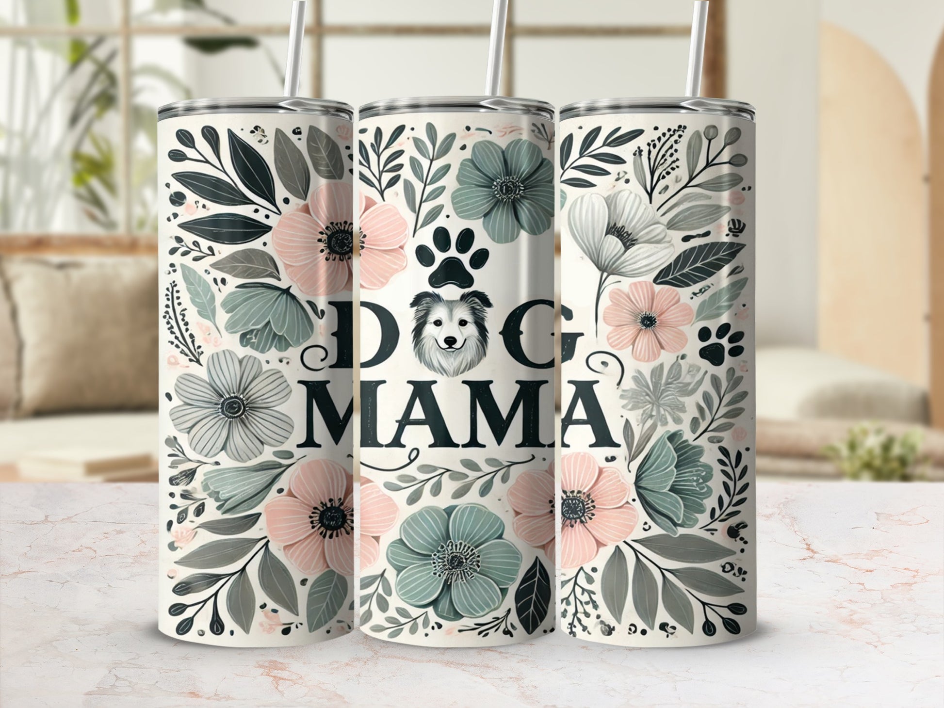 Dog Mama Floral Design Insulated Tumbler Cup