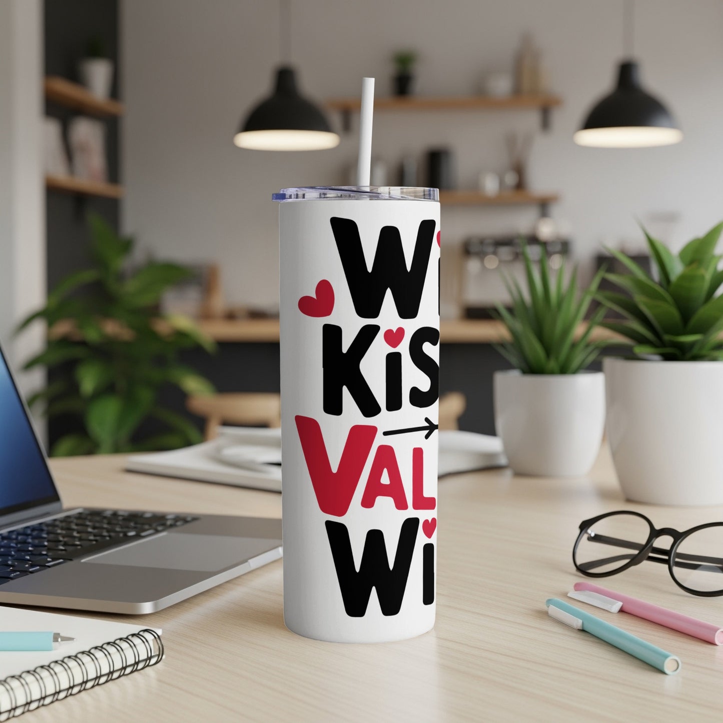White tumbler with "W, Kiss, Val, Wi" text and red hearts.