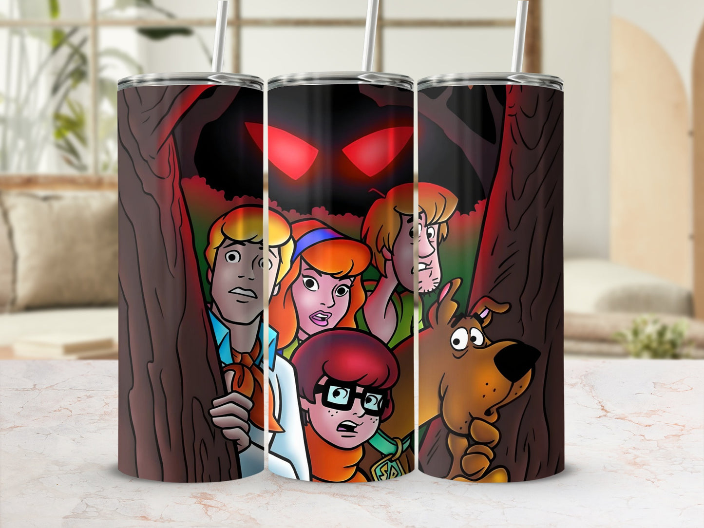 Scooby-Doo characters and a monster peek out from behind trees.