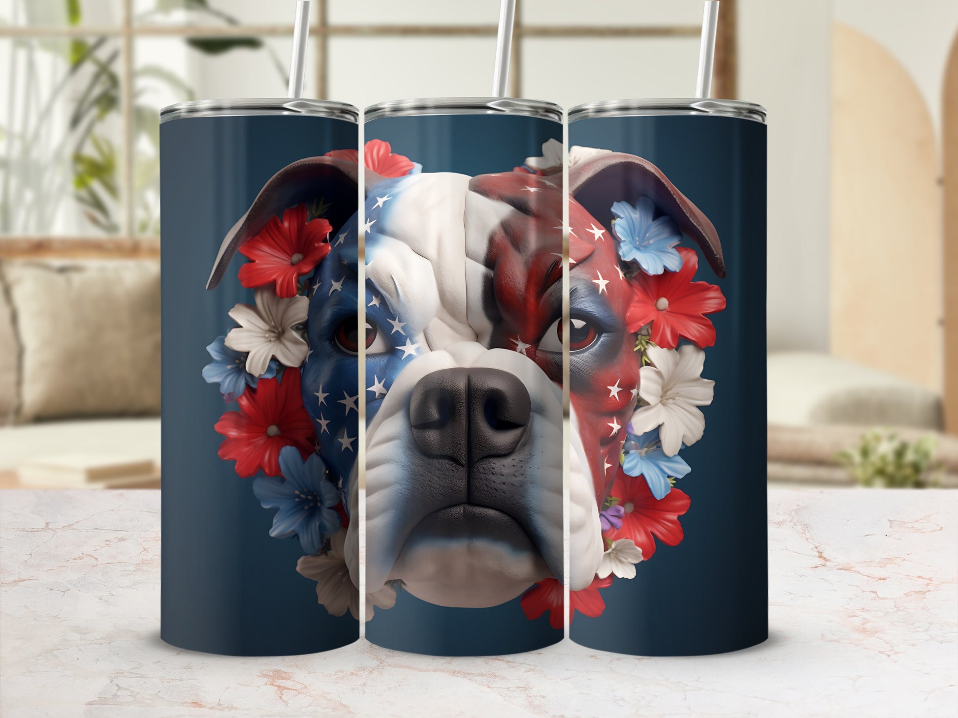 Bulldog face with patriotic colors and floral accents on a dark navy tumbler.