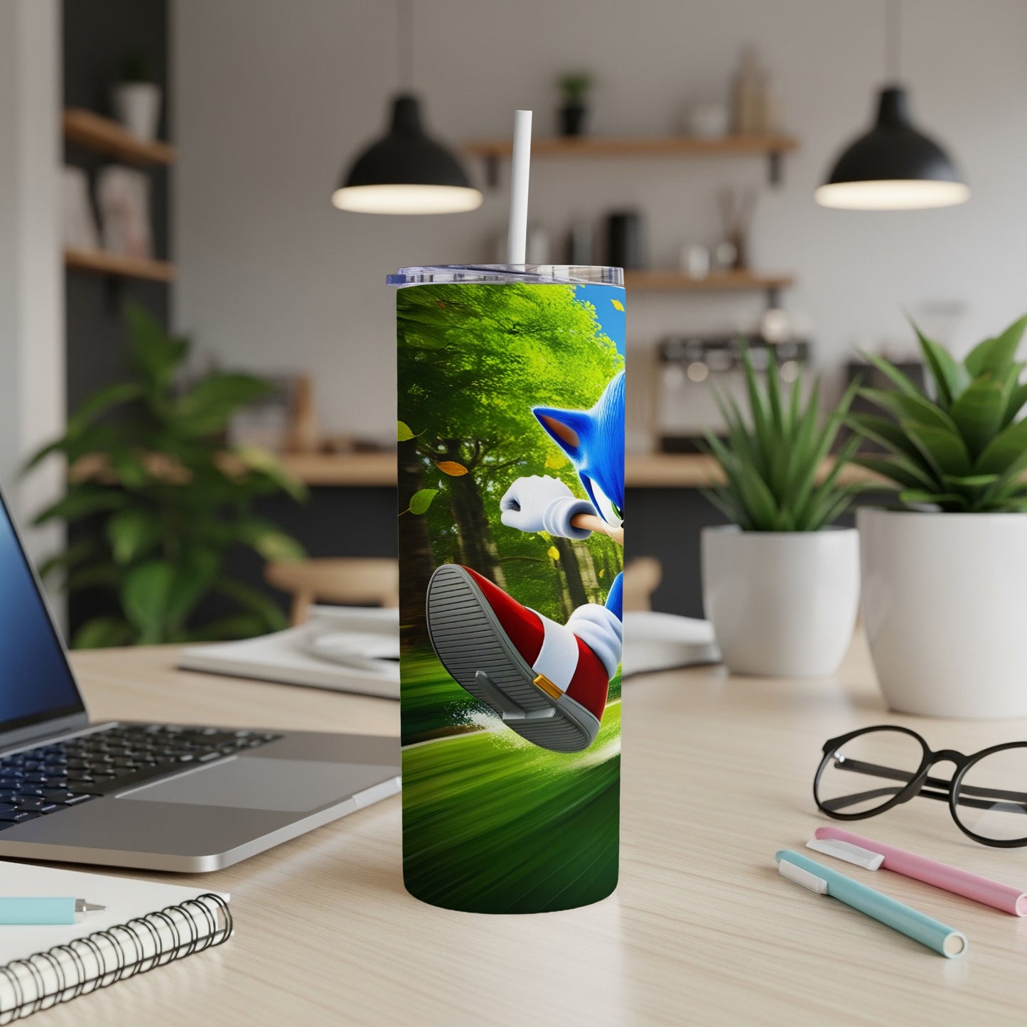 Sonic the Hedgehog running on a grassy track, on a tumbler.
