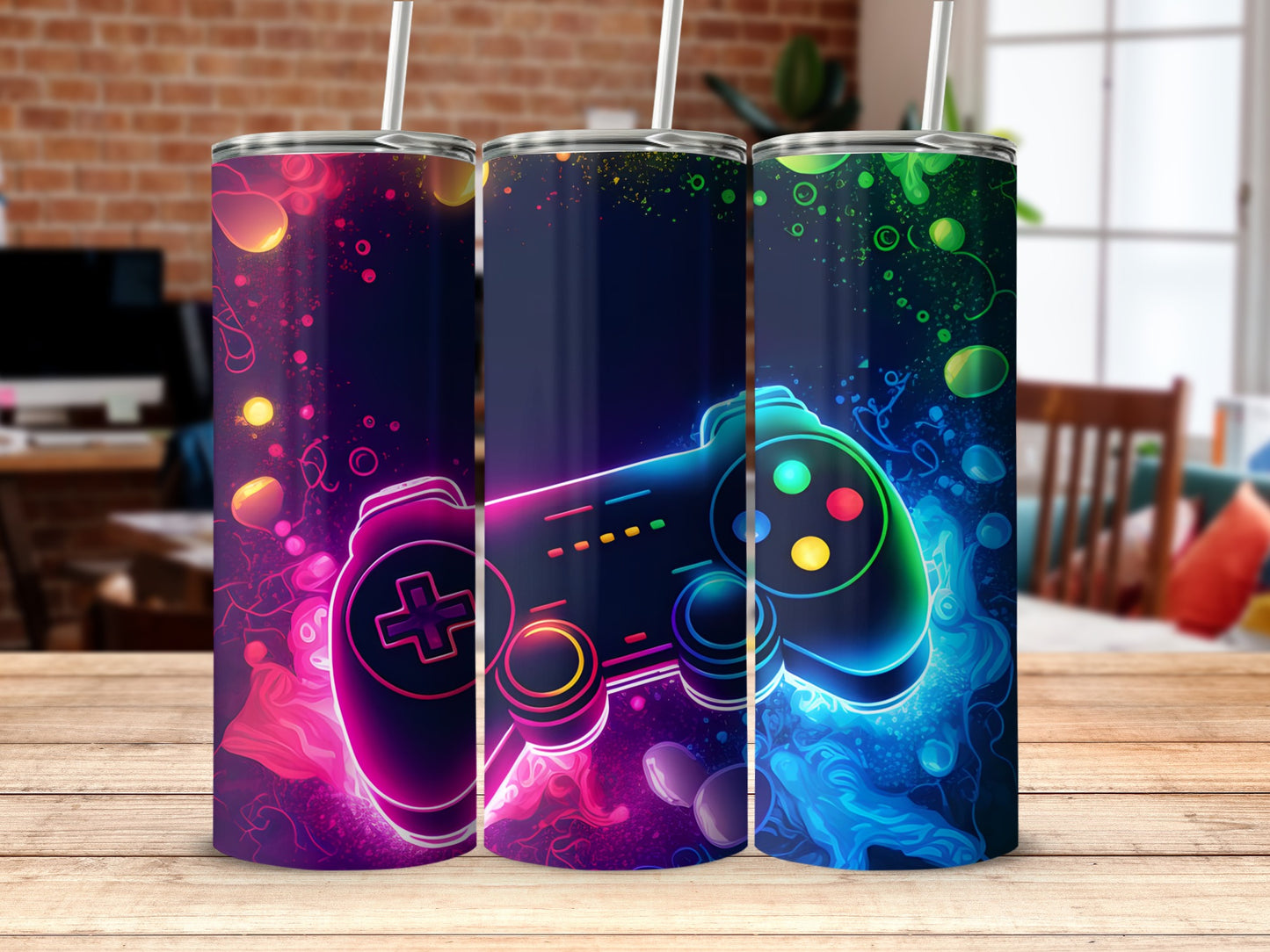 Neon Gaming Controller Design Tumbler