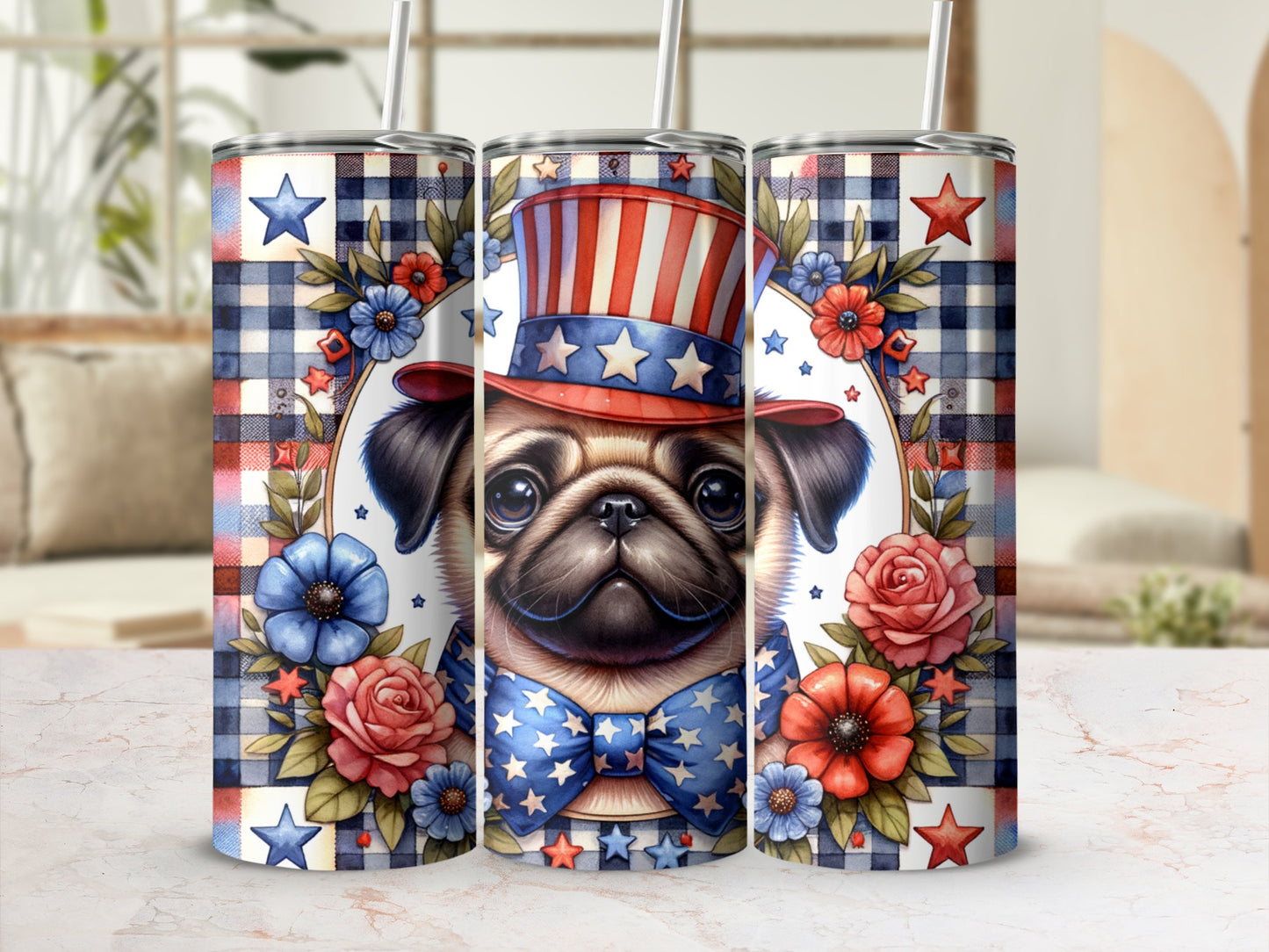 Patriotic pug in Uncle Sam hat on checkered background with floral accents.