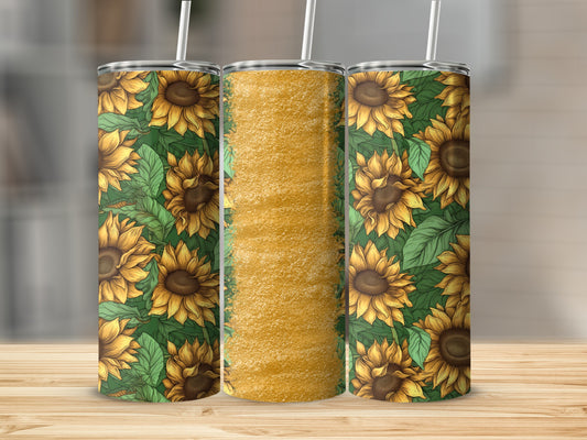 Three tumblers with sunflower and leaf pattern and a textured middle section.