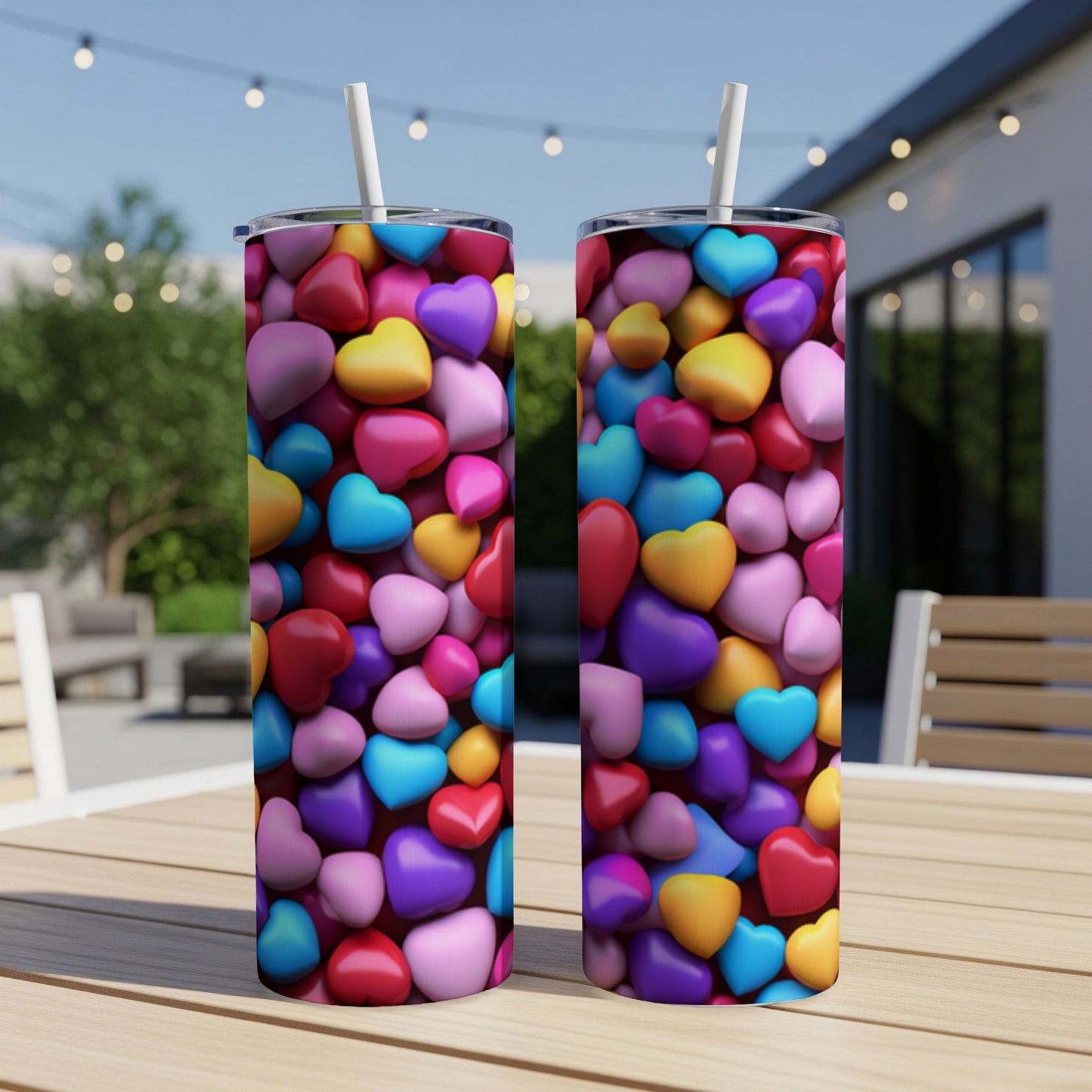 Two tumblers filled with colorful heart candies sit on a table outdoors.