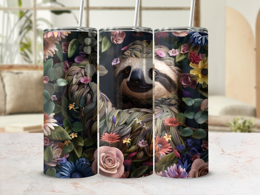 Sloth surrounded by colorful flowers and foliage on a tumbler.
