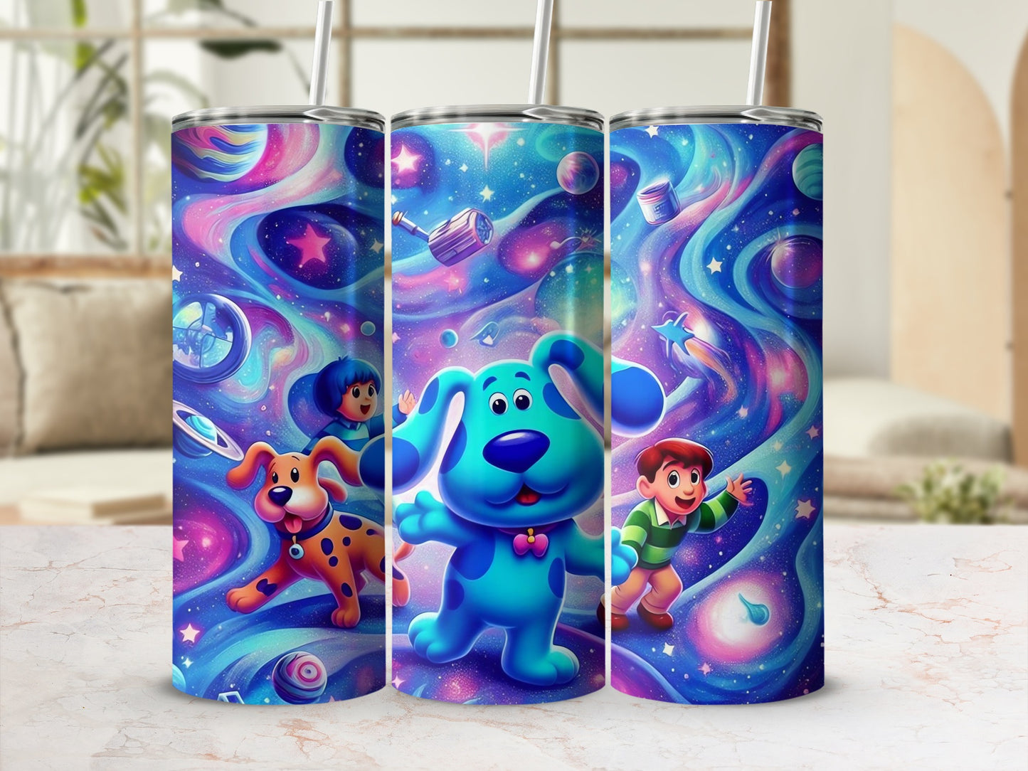 Blue Cartoon Dog and Friends in Space Tumbler