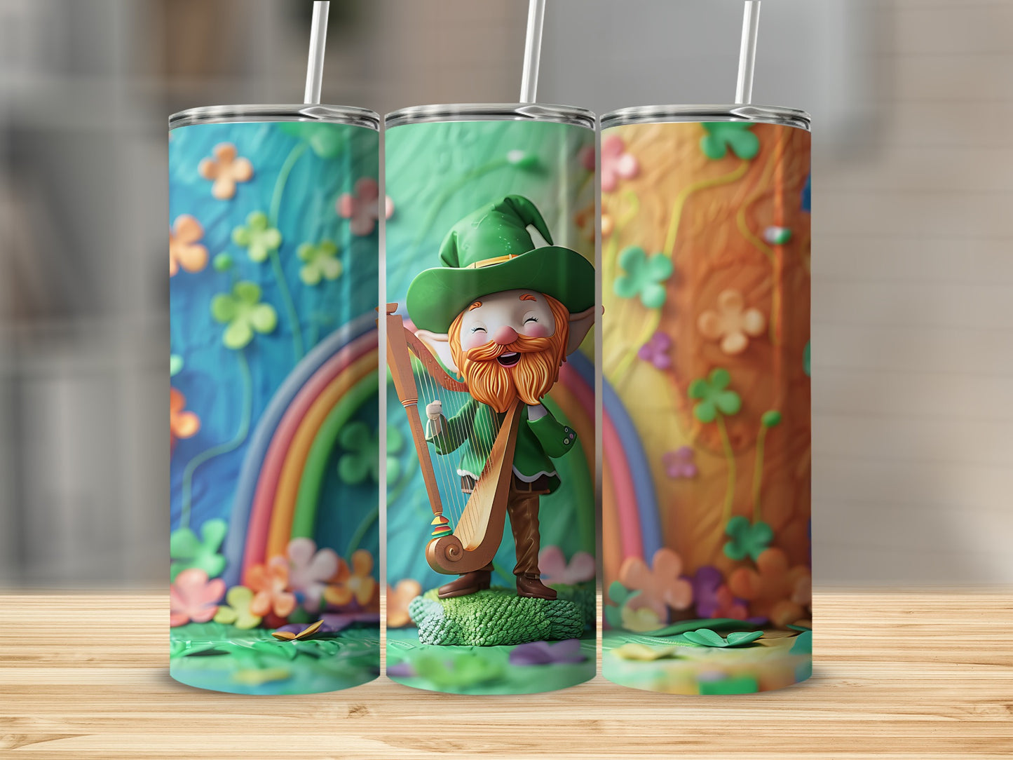 Leprechaun playing a harp with rainbow and clover decorations on a tumbler.
