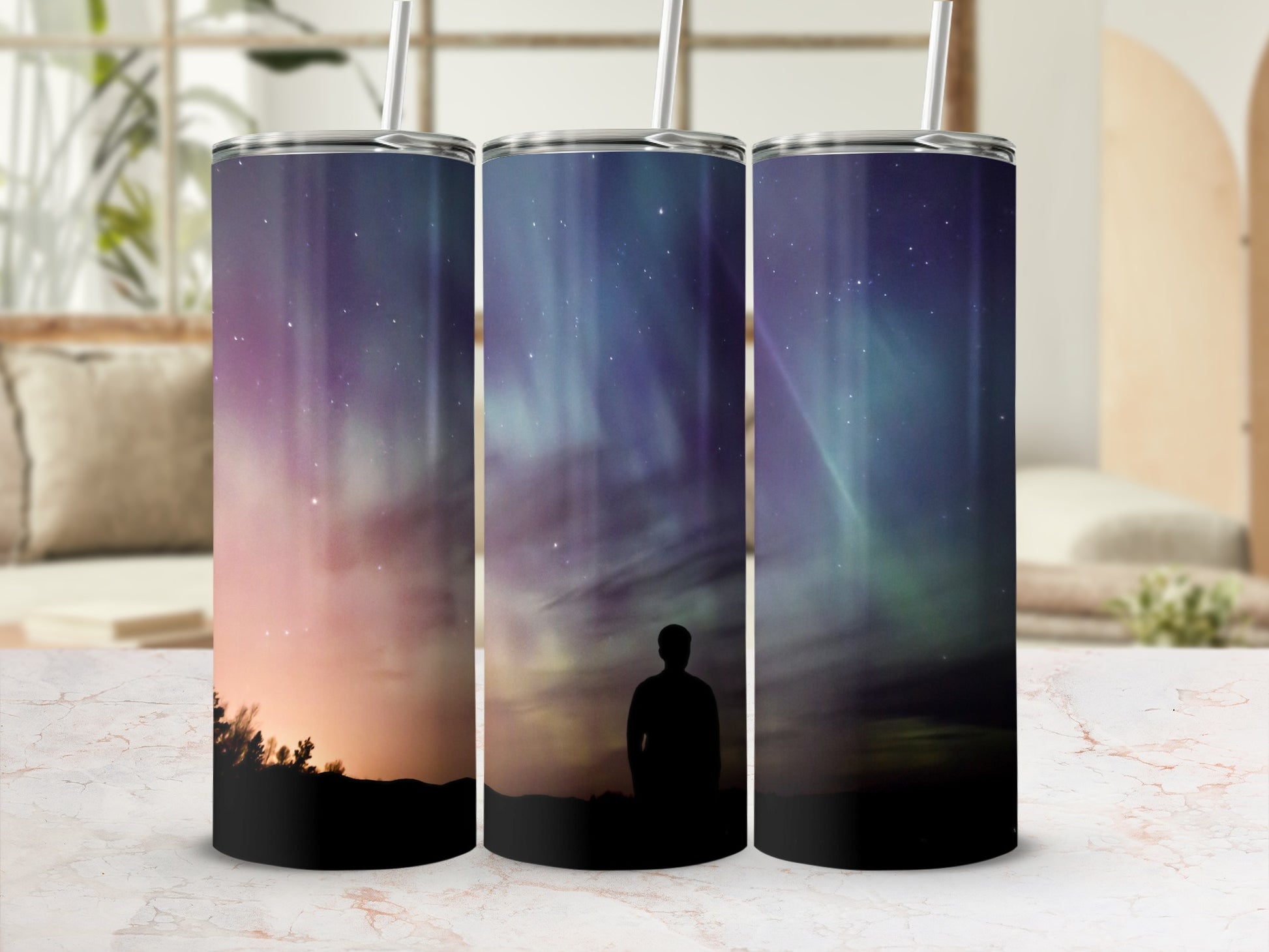 Northern Lights Sky Tumbler with Silhouette Design