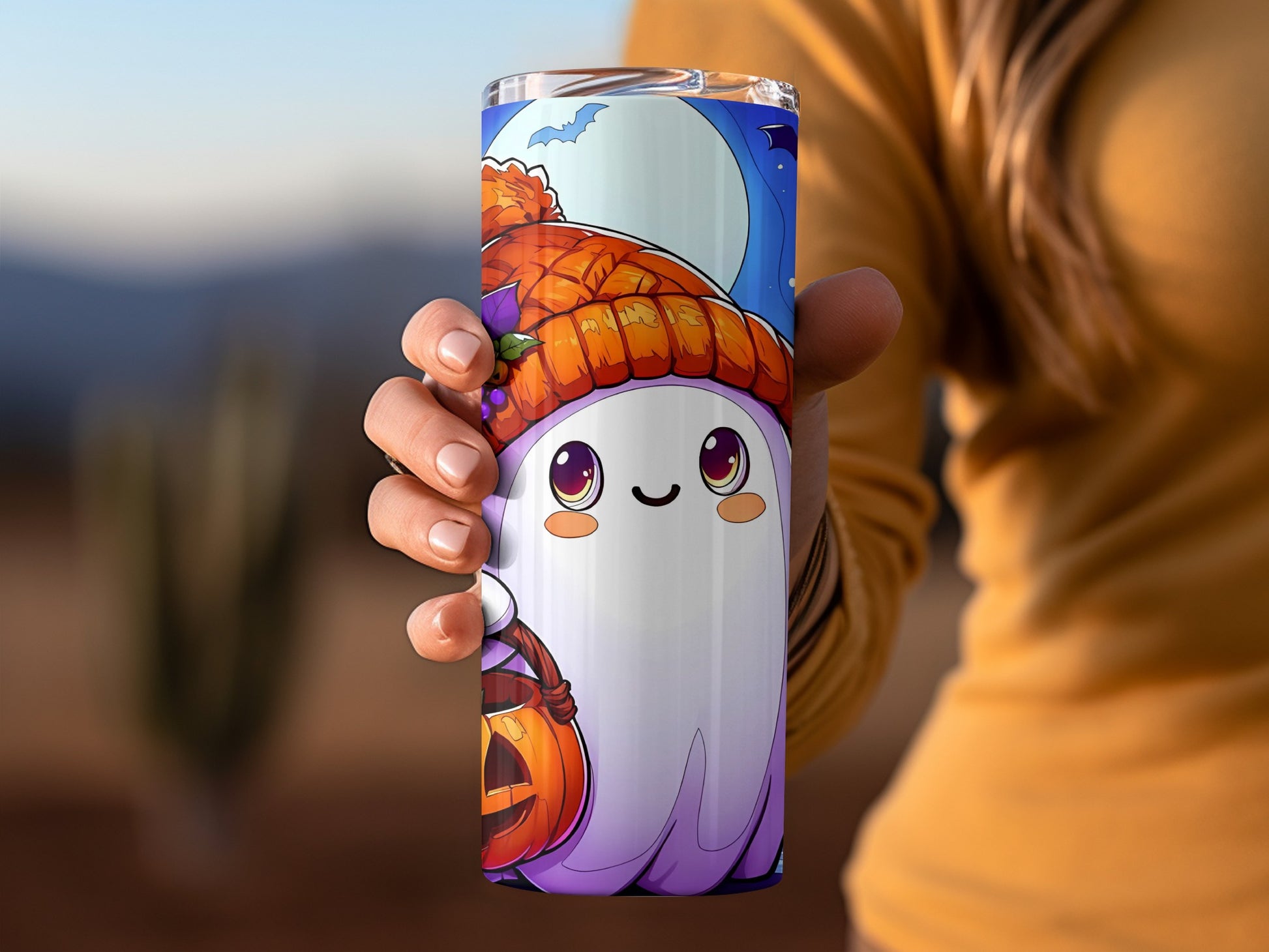 Adorable Halloween Ghost Tumbler with Pumpkin Hat