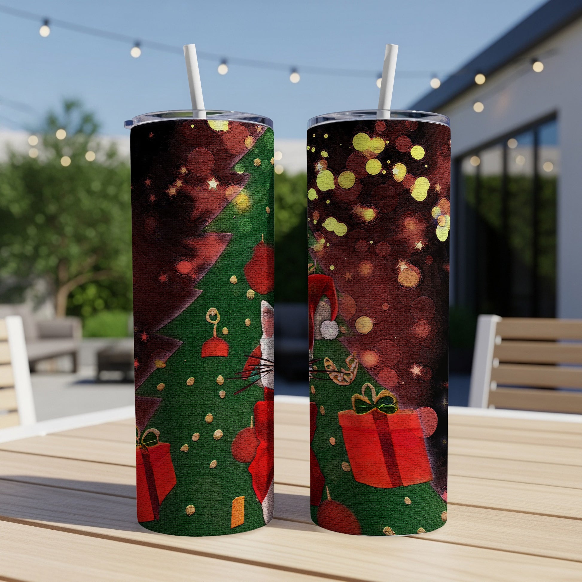 Two tumblers with a Christmas cat design on a table outdoors.