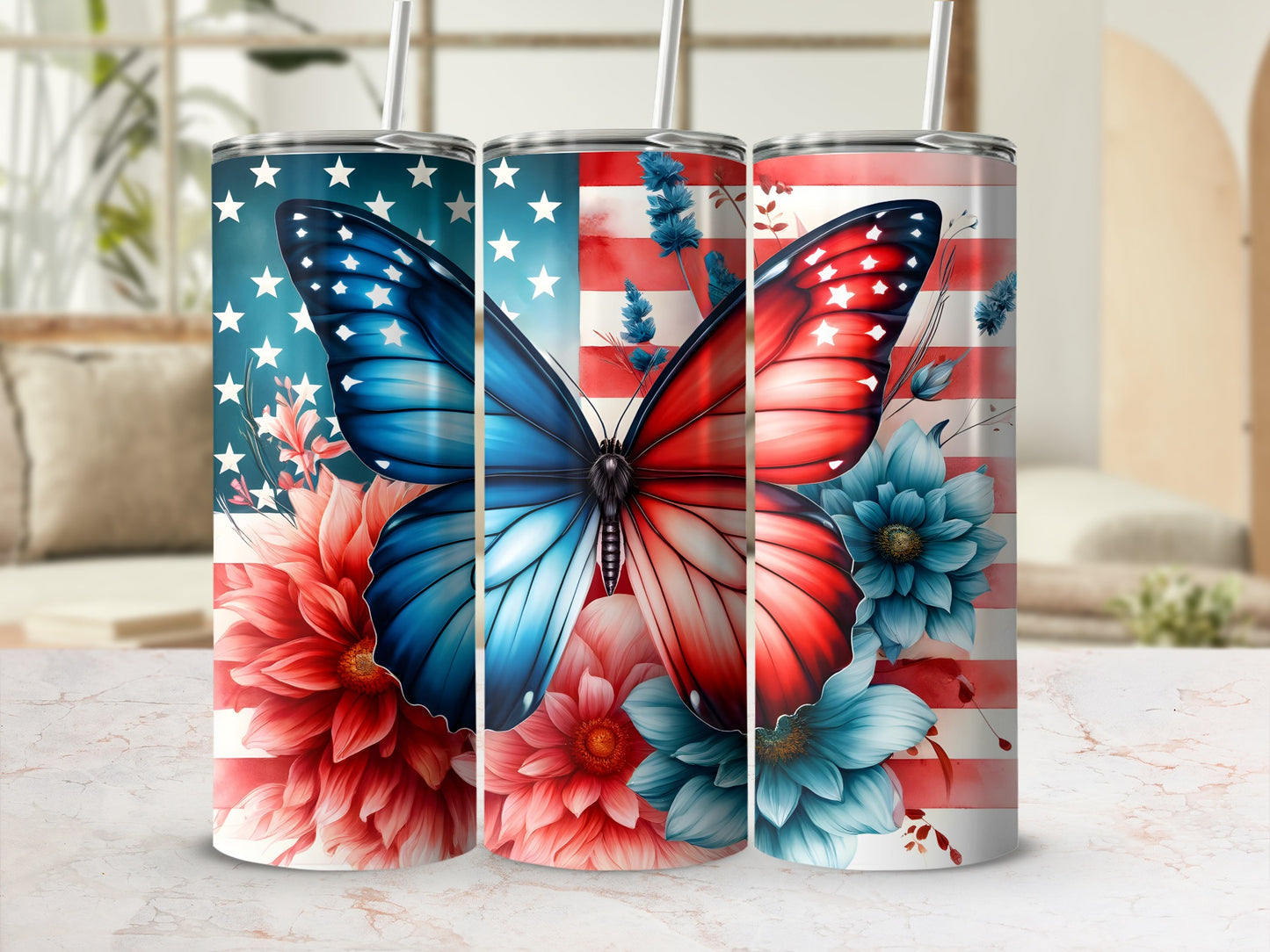 USA flag butterfly on floral tumbler with straw.