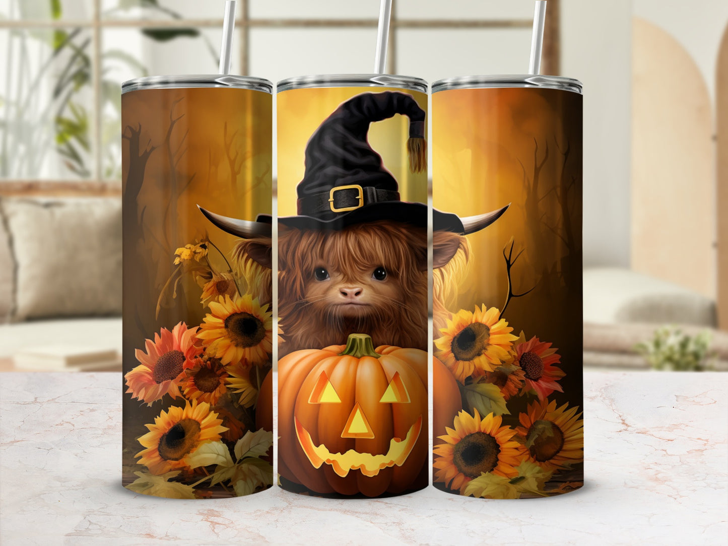 Highland Cow Halloween Tumbler with Pumpkin and Sunflowers