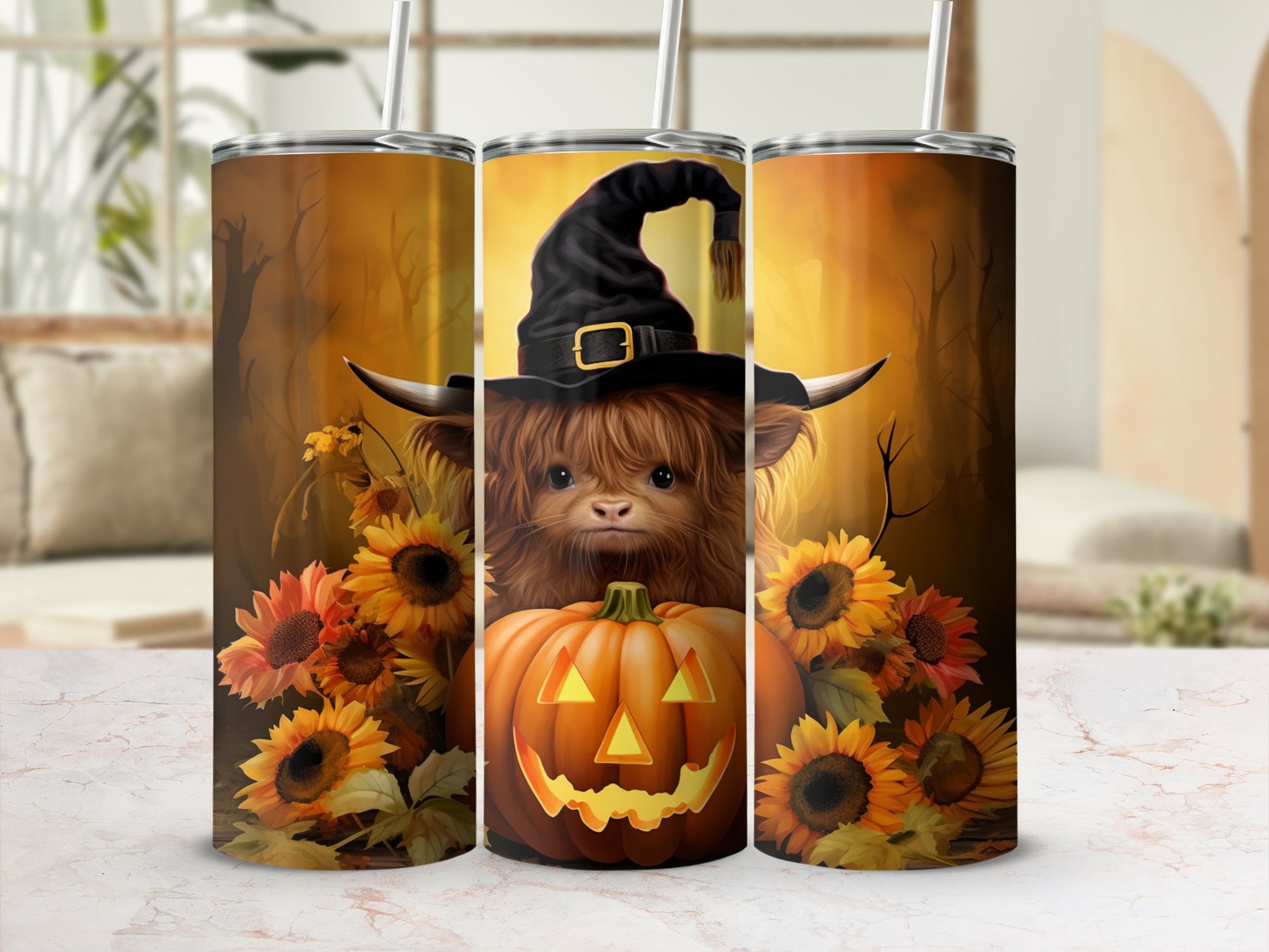 Highland Cow Halloween Tumbler with Pumpkin and Sunflowers
