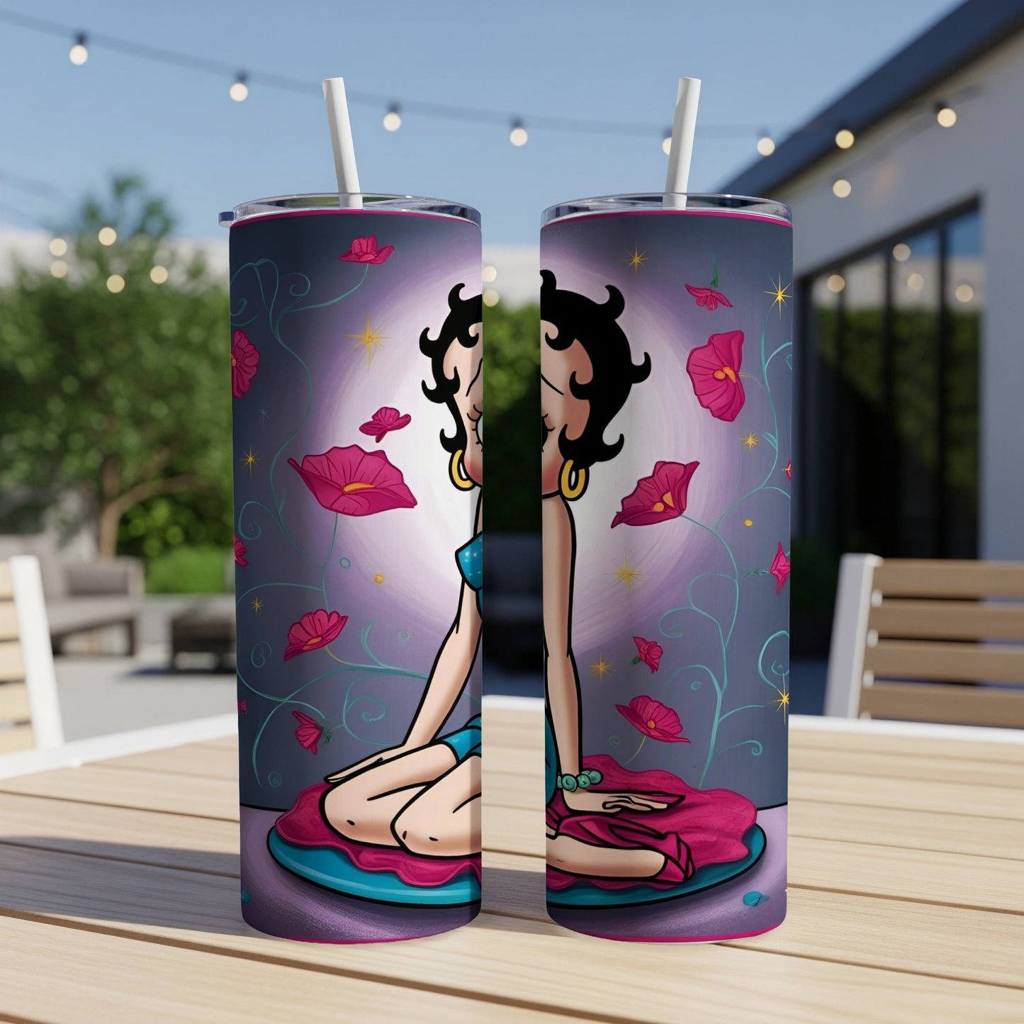 Betty Boop sits meditating surrounded by pink flowers.