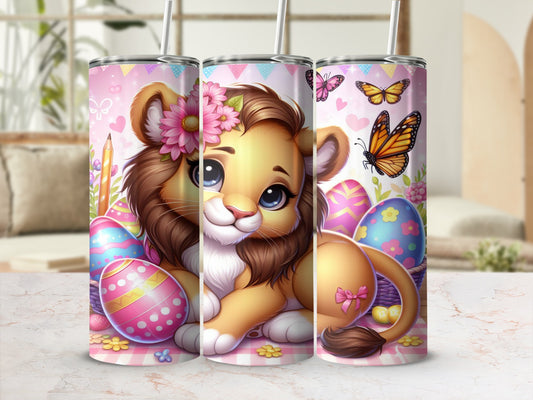 Cute lion cub with Easter eggs and butterflies.