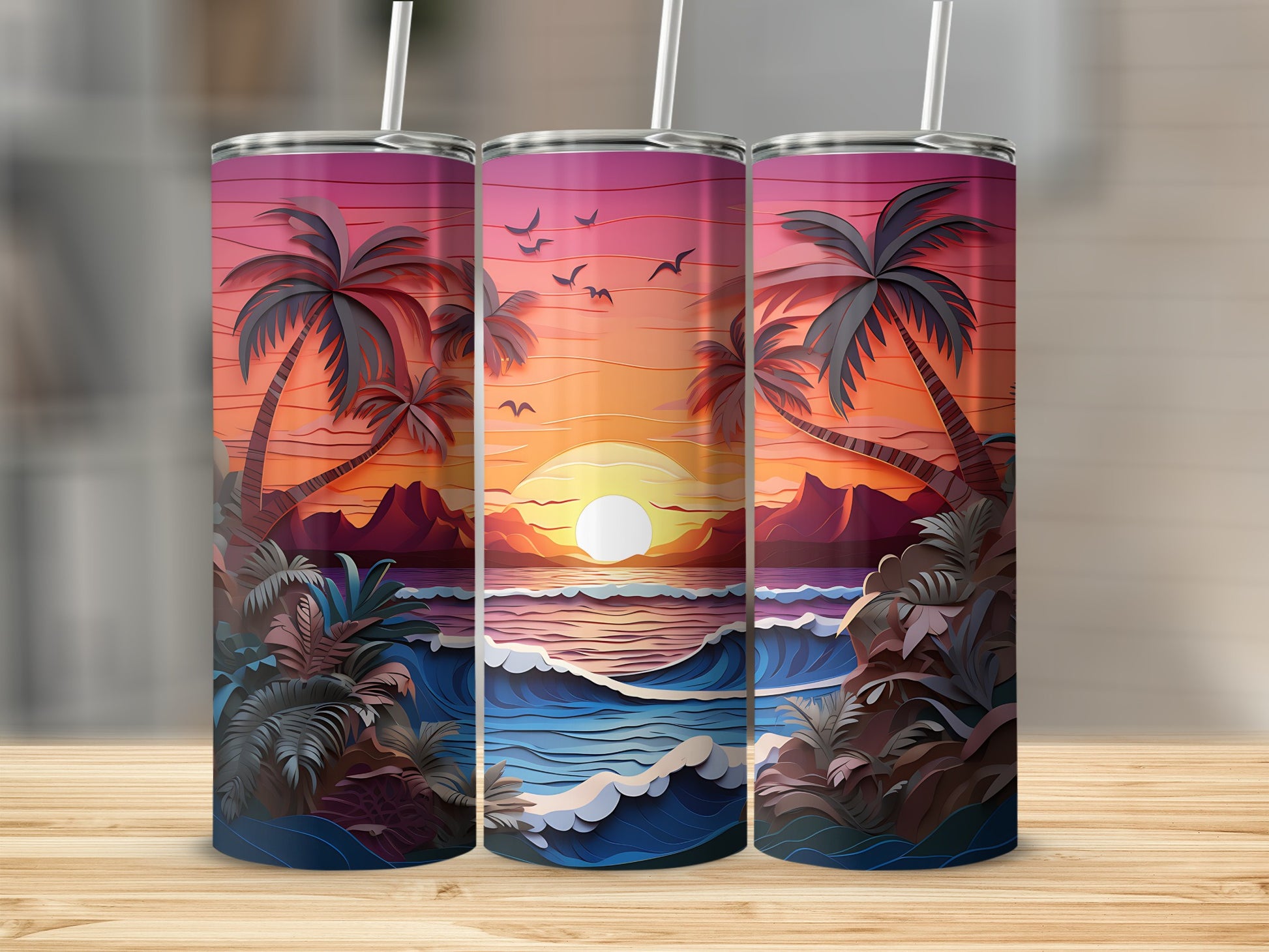 Three tumblers with a tropical sunset beach scene and palm trees.