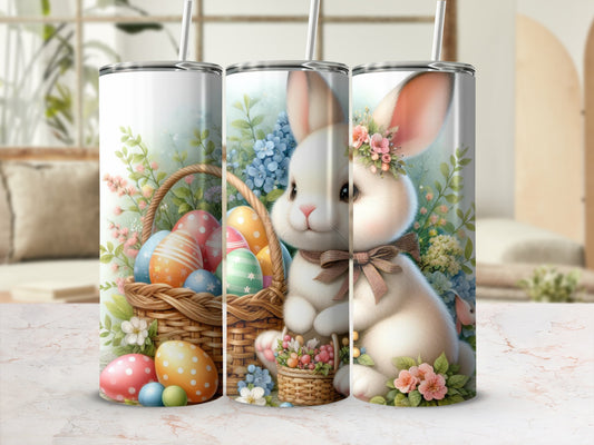 Easter bunny with basket of painted eggs and flowers.