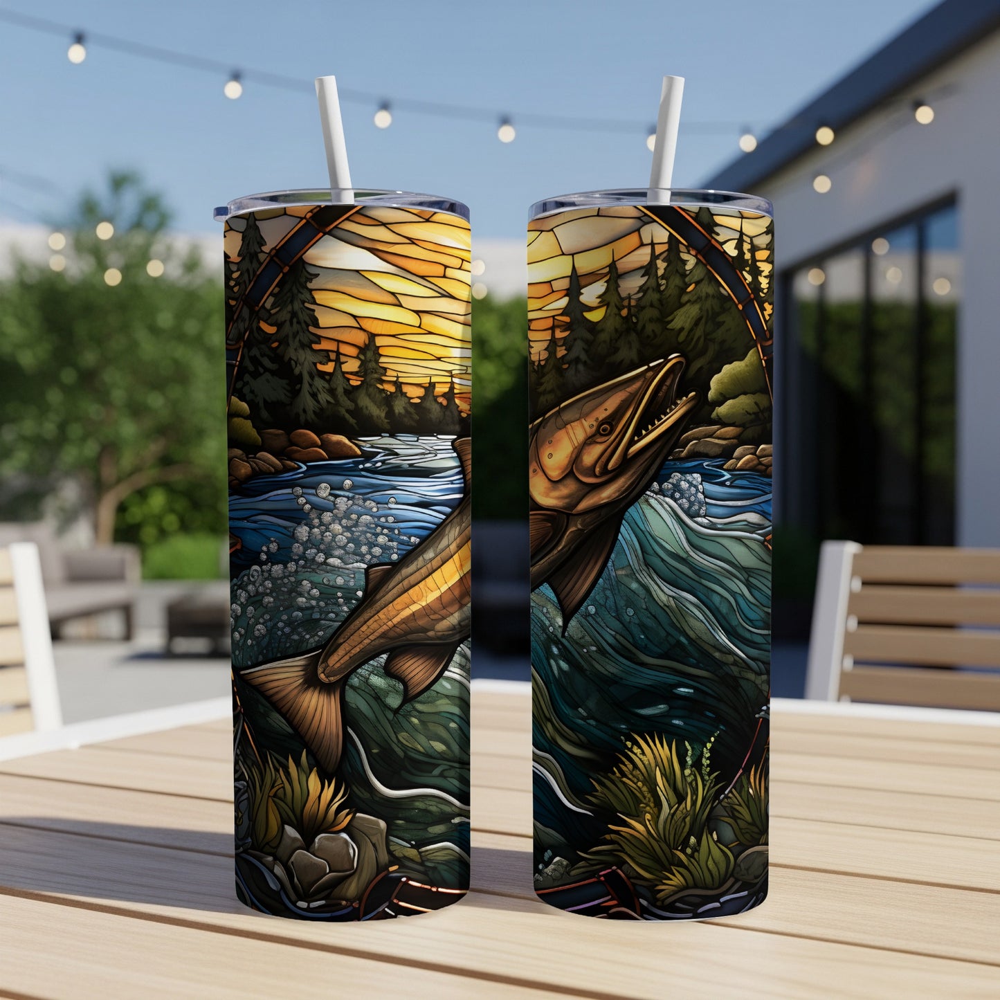 Salmon leaping from water with forest and sunset background on two tumblers.