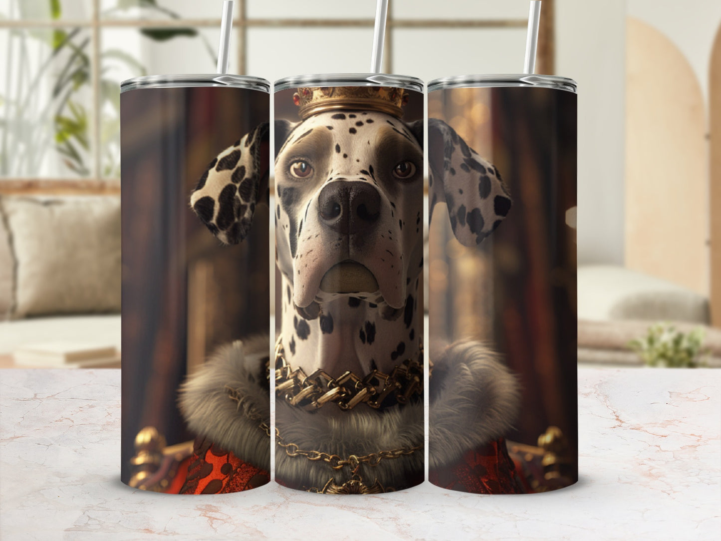 Dalmatian wearing a crown and fur collar, facing forward.