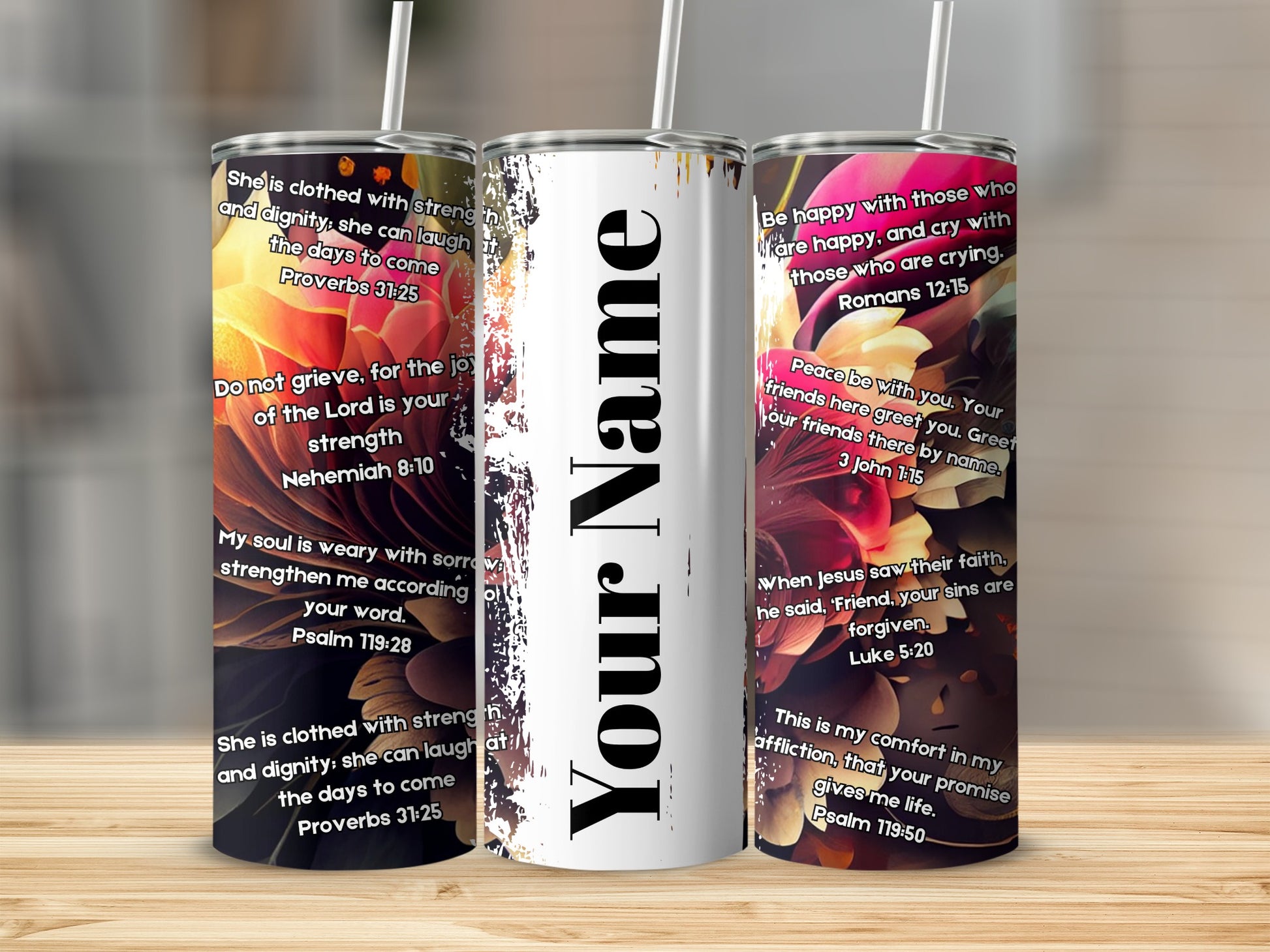 Personalized Christian Scripture Floral Tumbler Cup