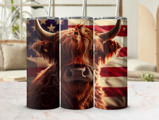 Highland cow with American flag detail on a tapered tumbler.