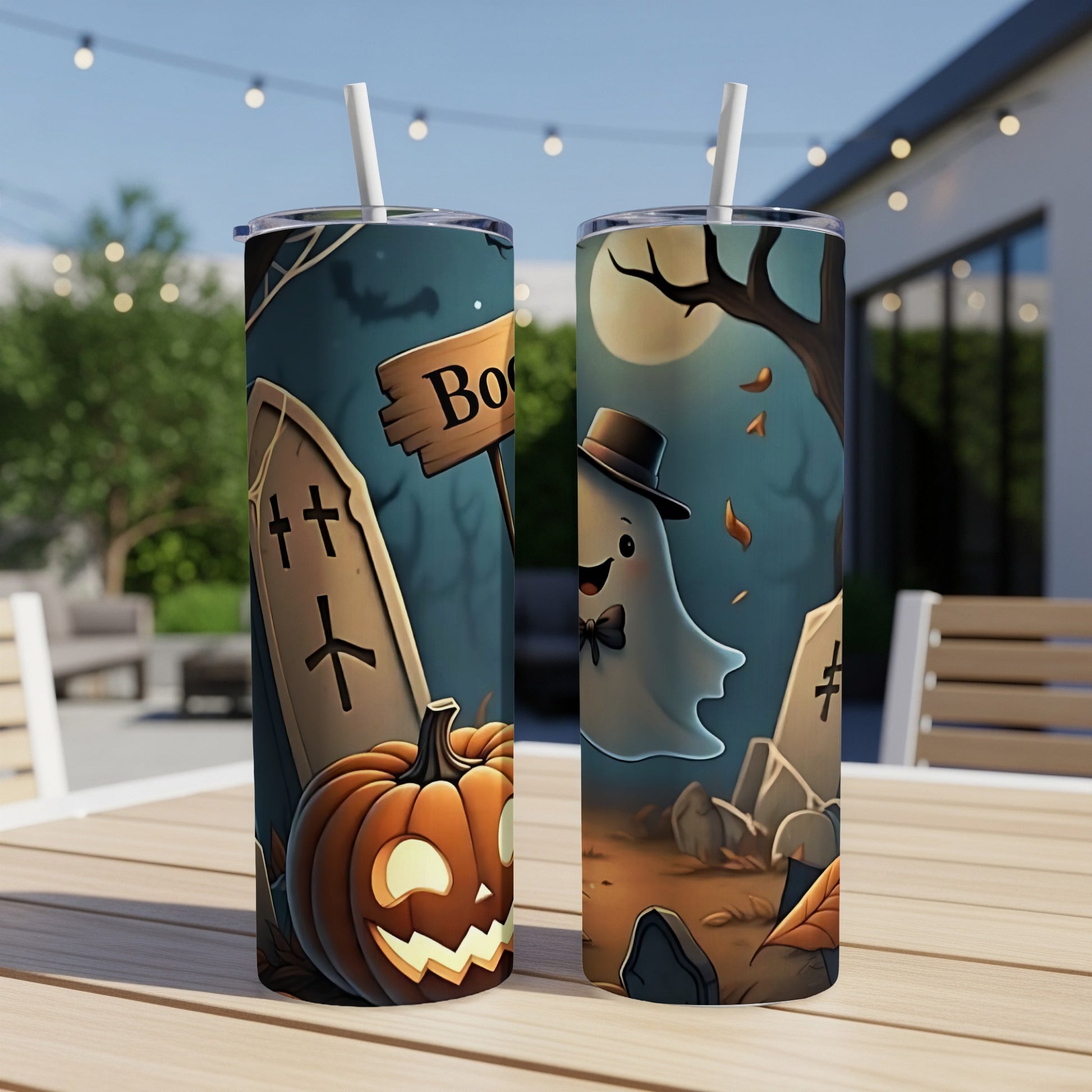 Two Halloween-themed tumblers featuring ghosts, pumpkins, and tombstones.