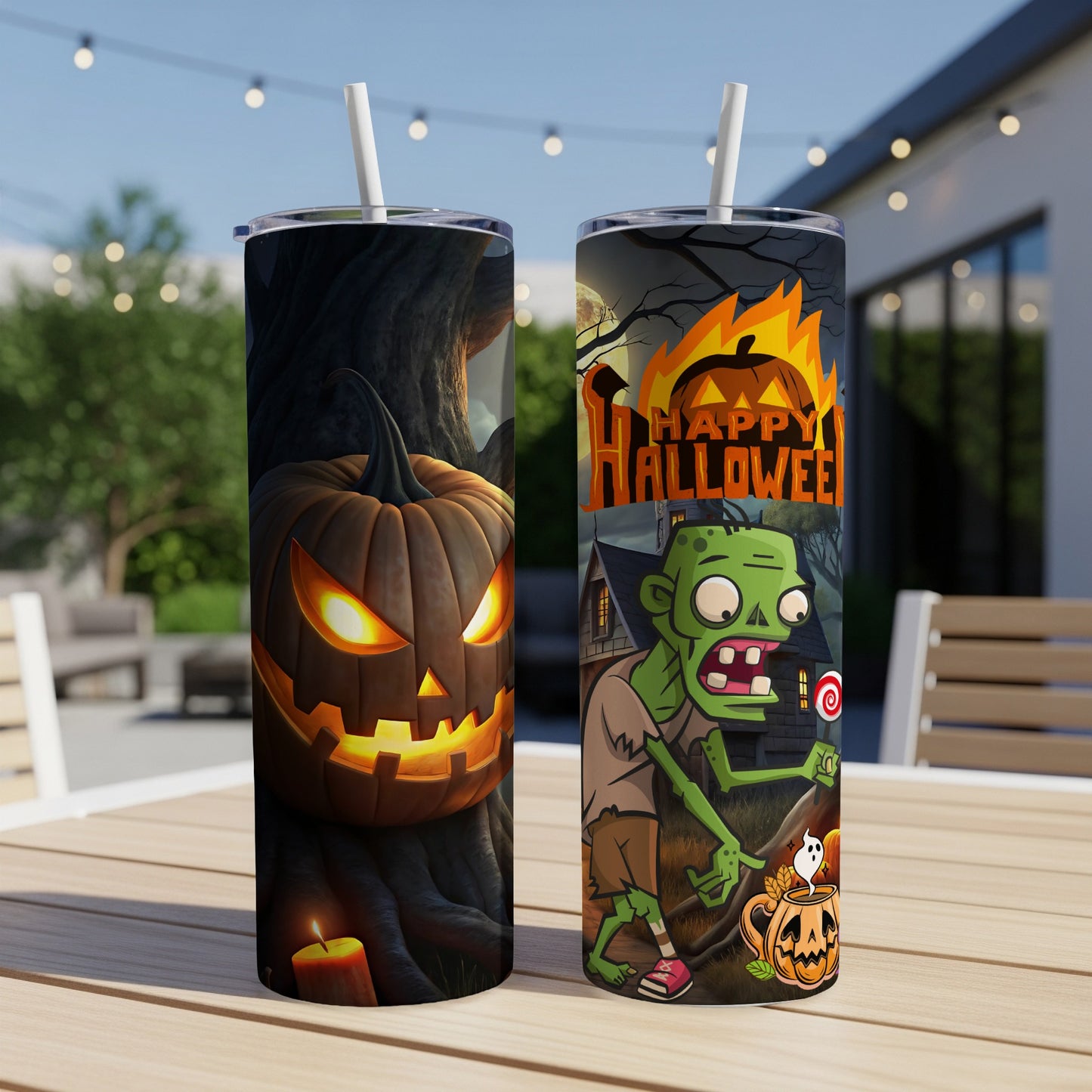 Two tumblers with Halloween designs: a carved pumpkin and a zombie with "Happy Halloween" text.