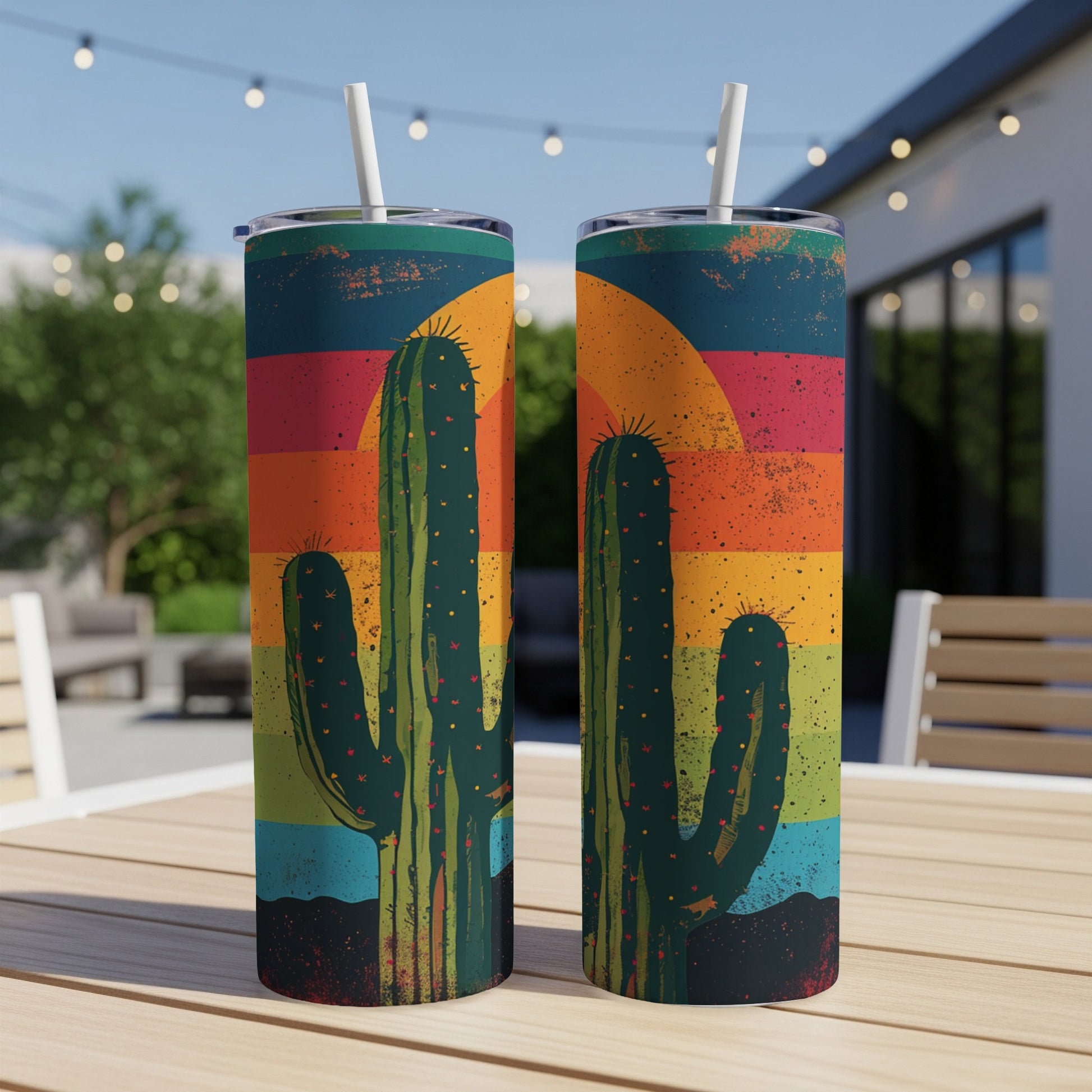 Two tall green cacti with a colorful sunset background on tumblers.