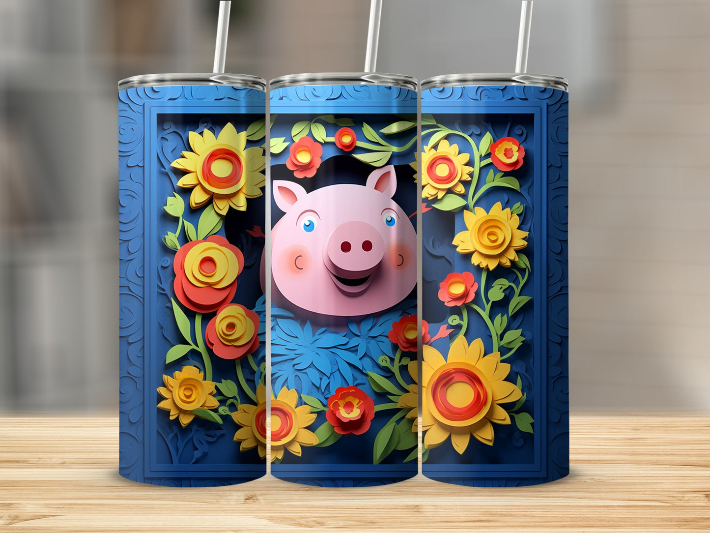 Cute Pig and Flowers Artistic Tumbler Drinkware
