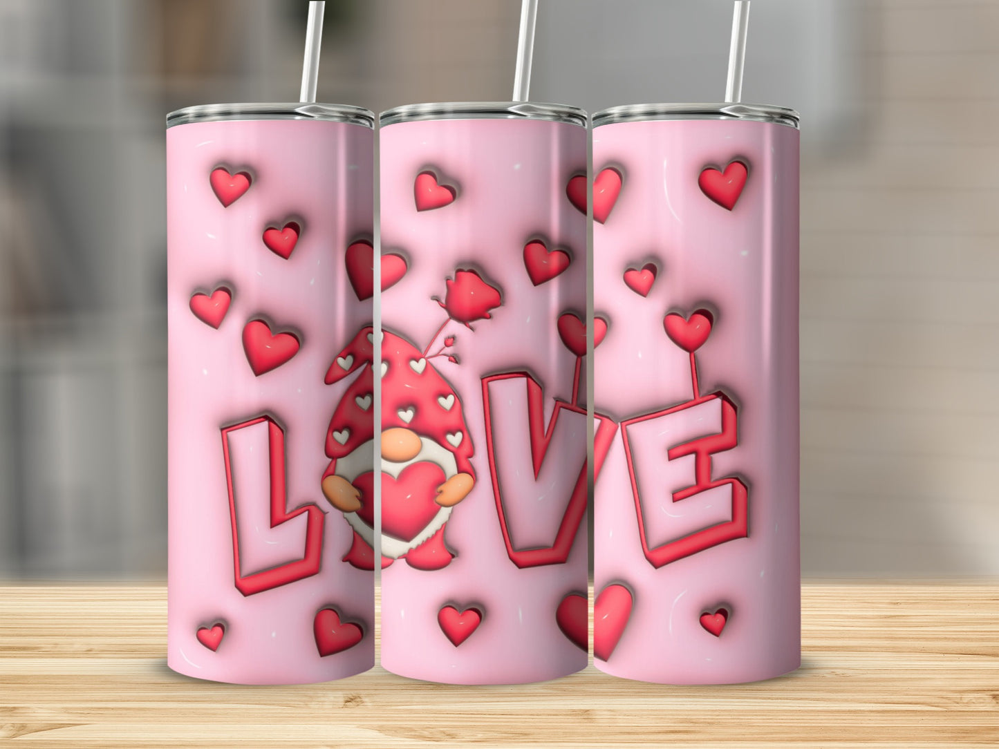 Pink Valentine Love Hearts Gnome Tumbler