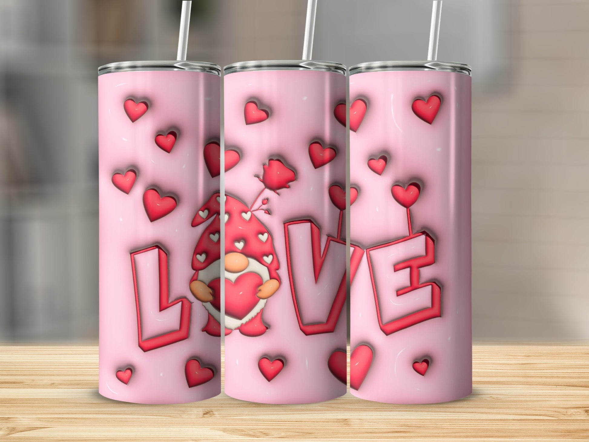 Pink Valentine Love Hearts Gnome Tumbler