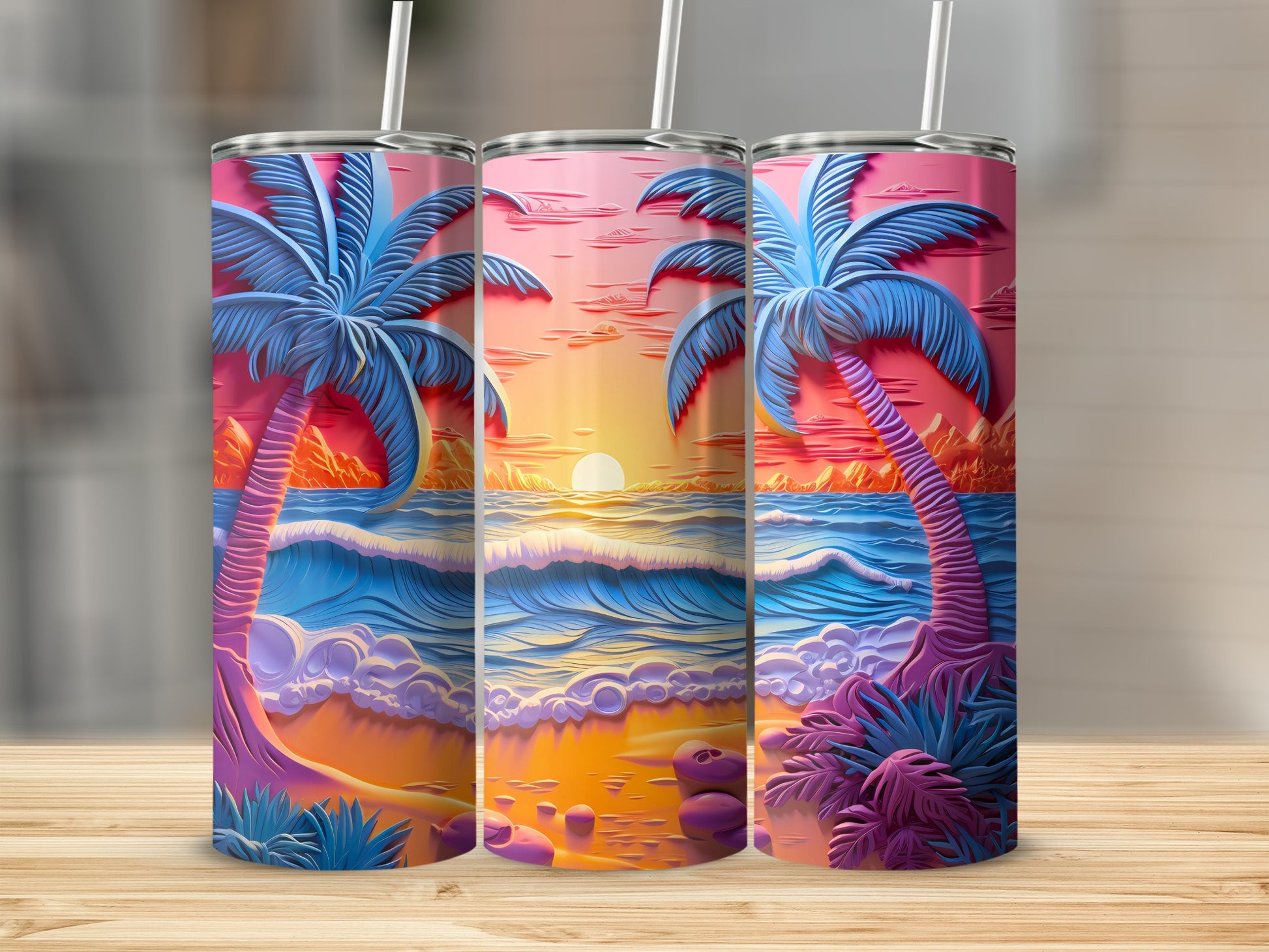 Stylized Sunset Beach Ocean Waves Palm Tree Art product type