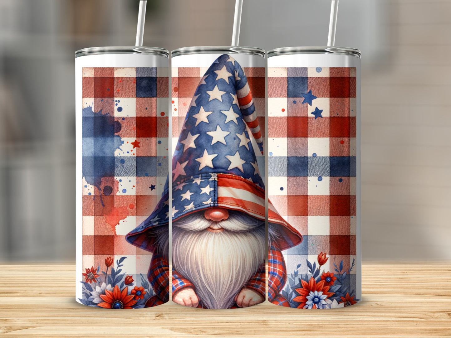 Gnome with patriotic hat and red, white, and blue plaid background.