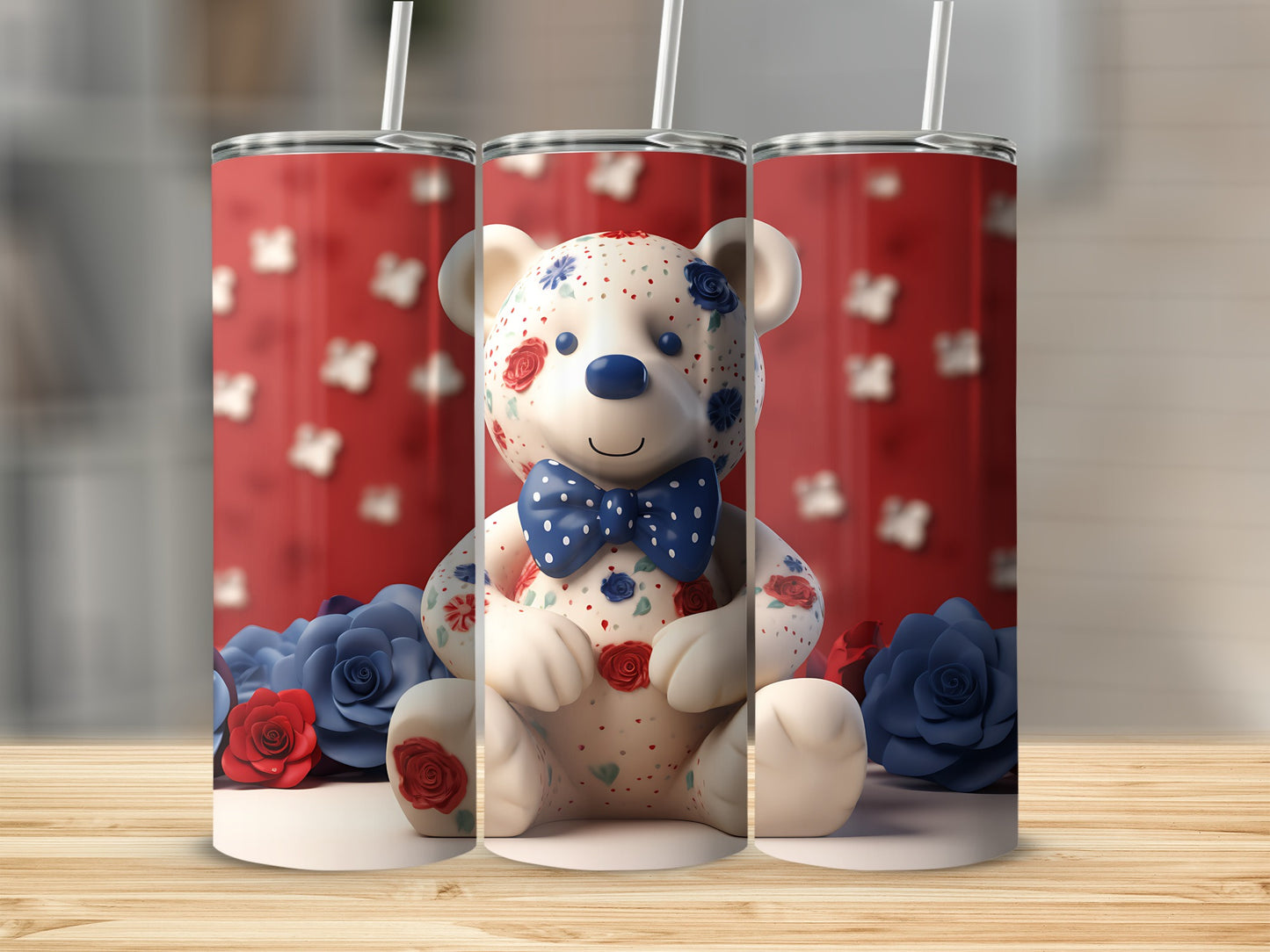 Teddy bear with floral pattern and bow tie, holding flowers, on a wooden surface.