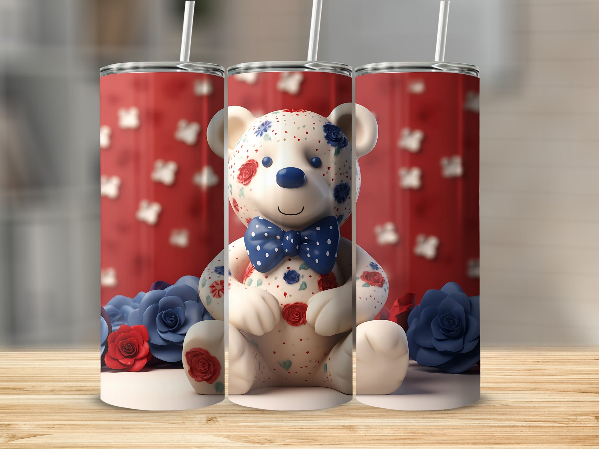 Teddy bear with floral pattern and bow tie, holding flowers, on a wooden surface.