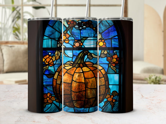 Three tumblers featuring stained glass pumpkin design.