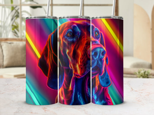 Close-up of a dog's head against a colorful abstract background.