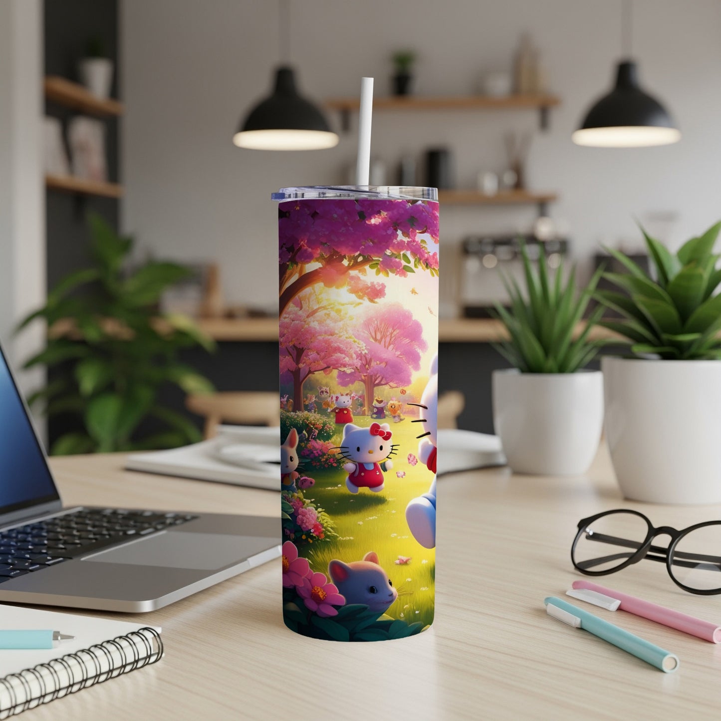 Hello Kitty and friends in a pink springtime meadow, on a tall tumbler.