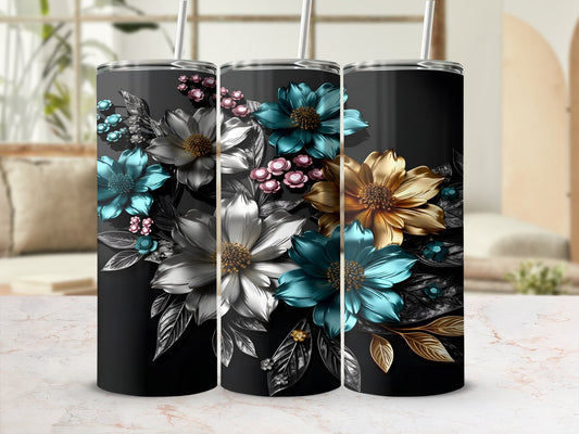 Black tumbler with metallic floral designs in gold, silver, and teal.