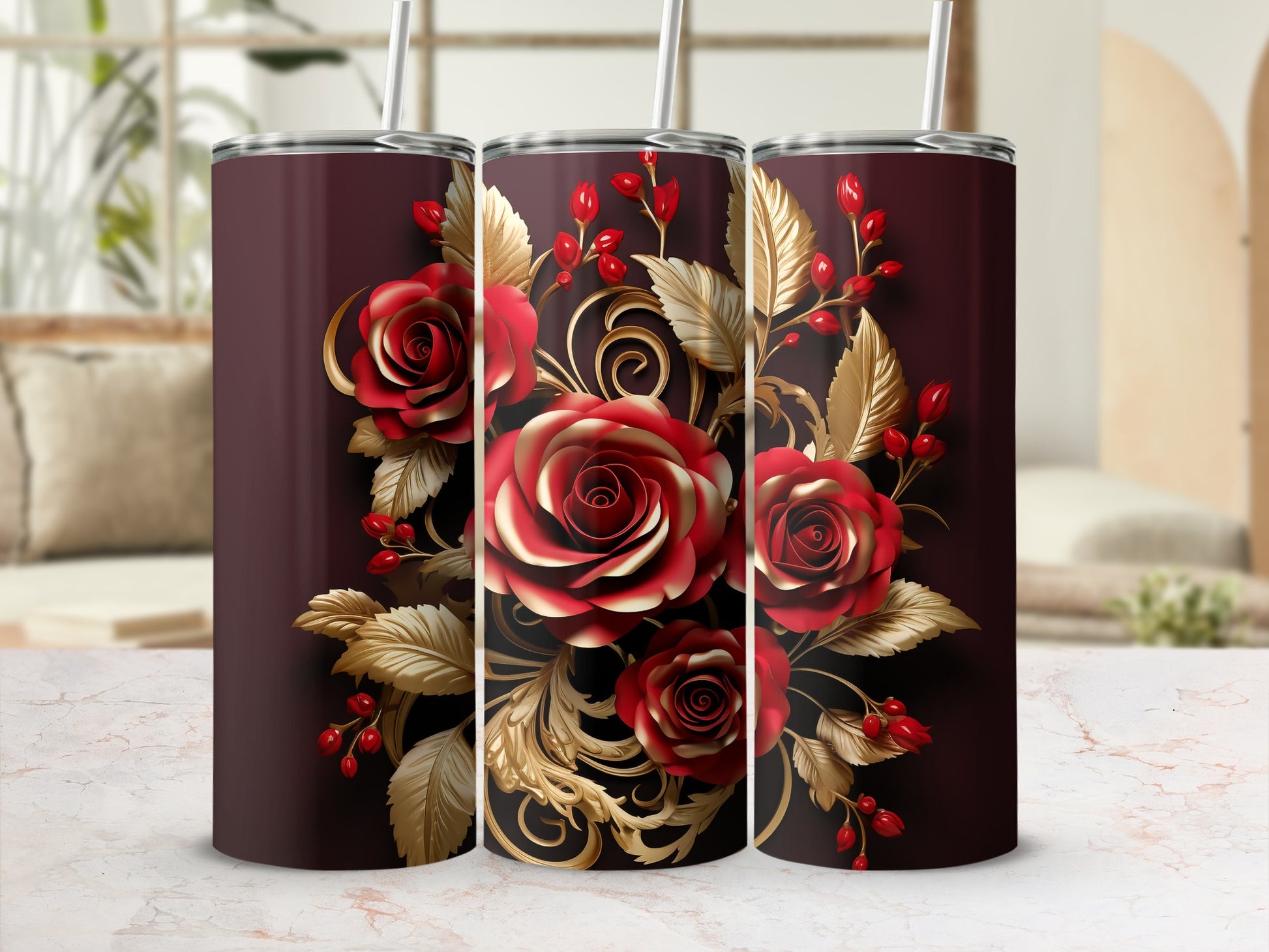 Red roses with gold accents on a deep red tumbler.