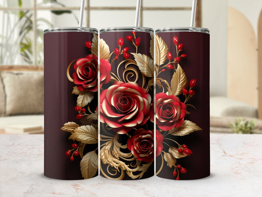 Red roses with gold accents on a deep red tumbler.