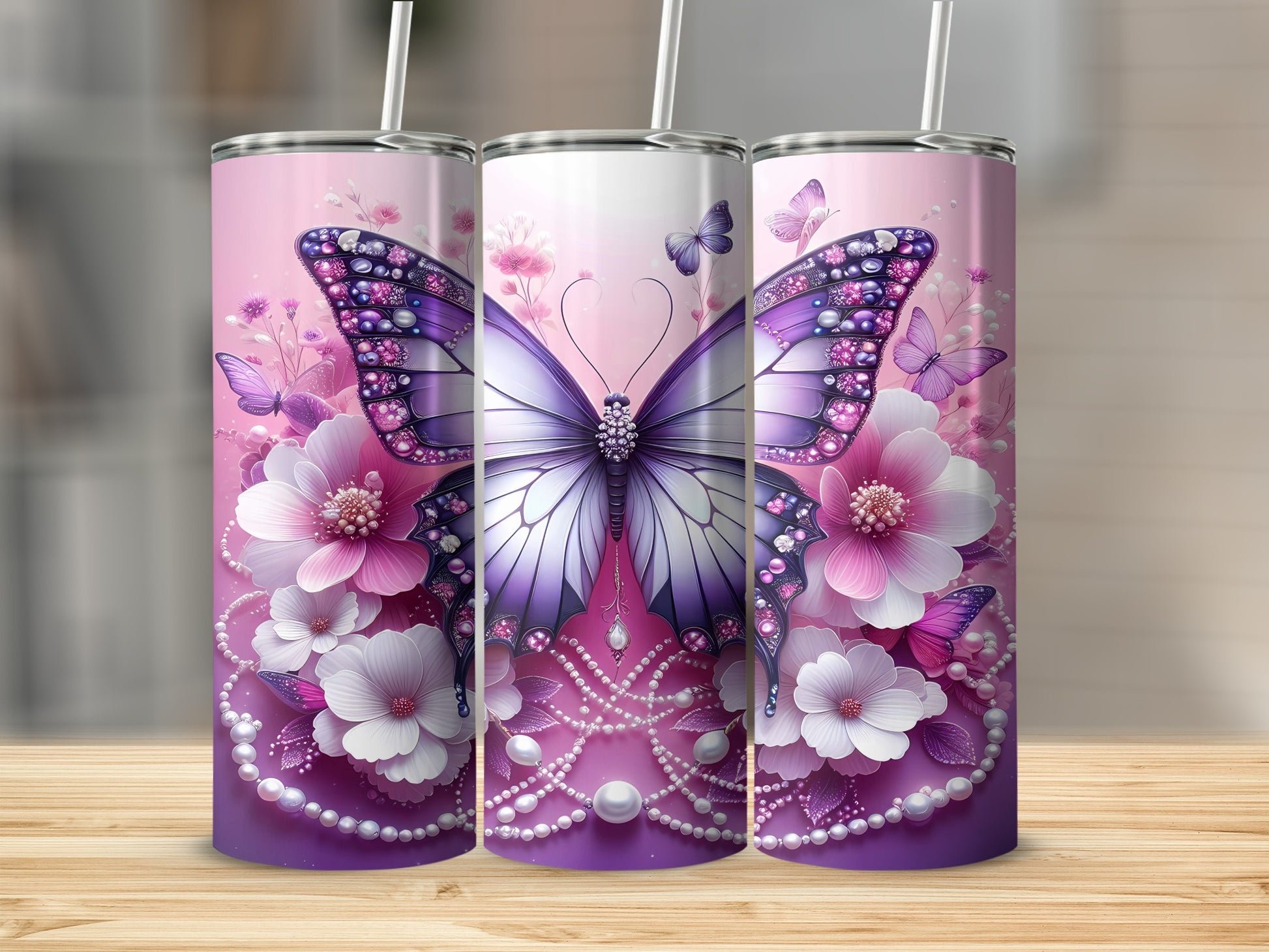 Jeweled Butterfly Pink Purple Floral Pearl Tumbler product type
