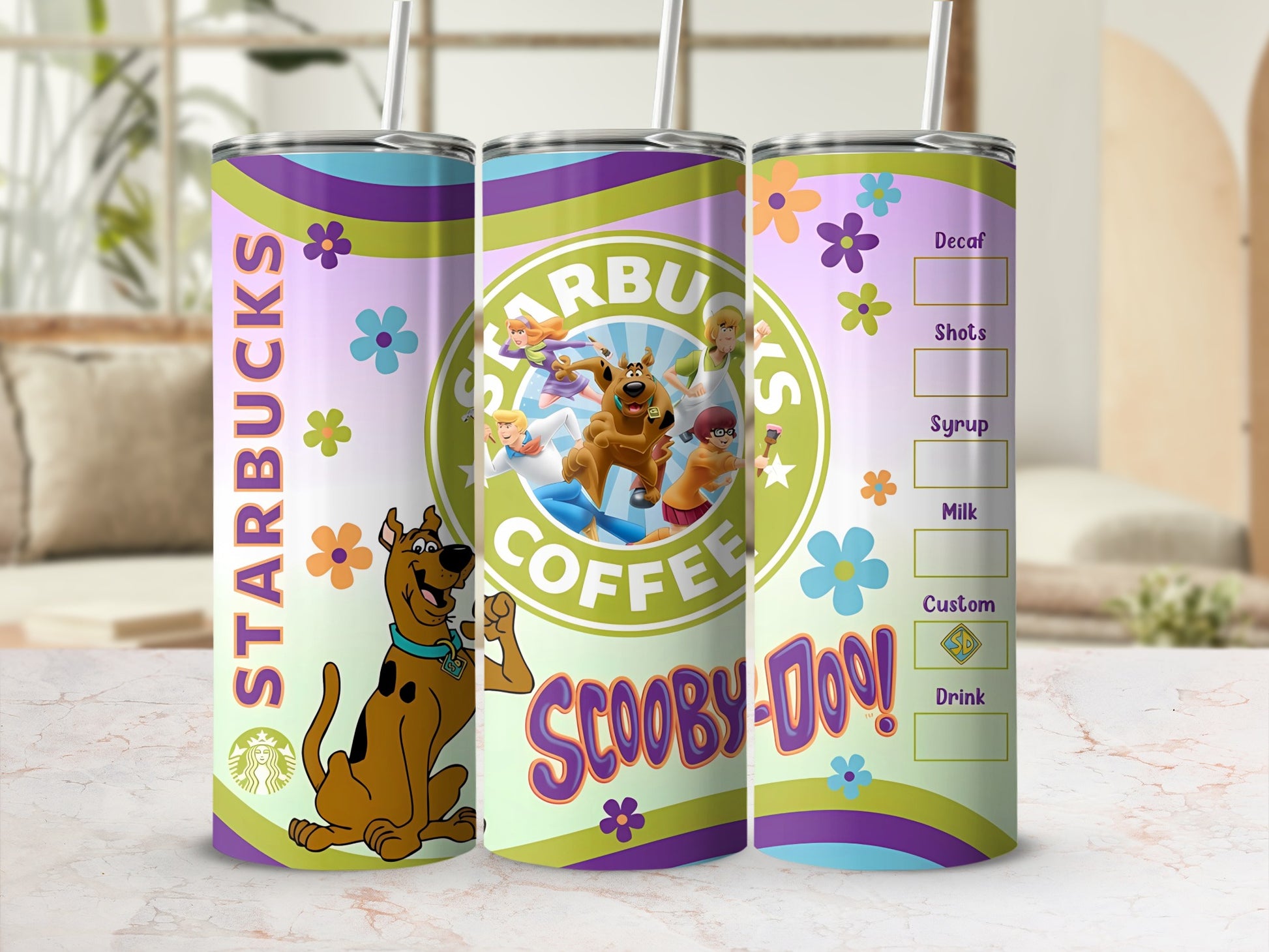 Starbucks Scooby-Doo tumbler with coffee cup icons and menu options.